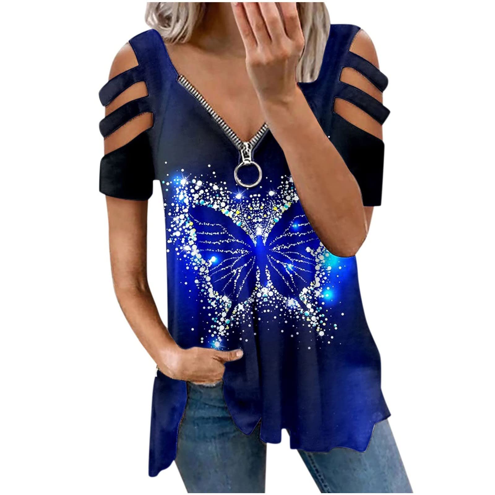 Women's Cold Shoulder V-Neck Ring Strap Blouse - Short Sleeve Slim Fit Casual T-Shirt for Women | Perfect for Summer Outfits, Date Nights & Office Wear