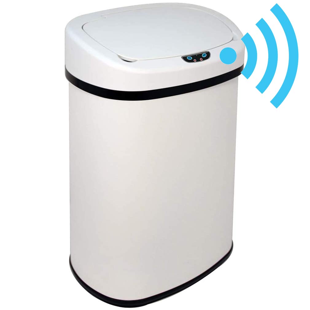 13 Gallon Automatic Touchless Trash Can with Lid - Stainless Steel Sensor Kitchen Garbage Bin for Home, Office, Bedroom & Living Room | Odor-Controlling Waste Bin for Easy Hands-Free Disposal (White)