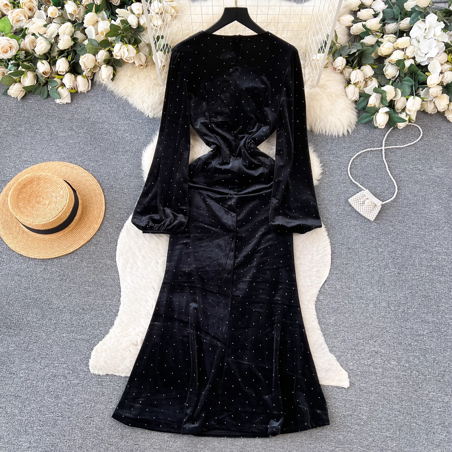 Black Velvet Dot French Dress for Women | Vintage 1878 Style | Perfect for Autumn & Winter Fashion, Parties & Holiday Events