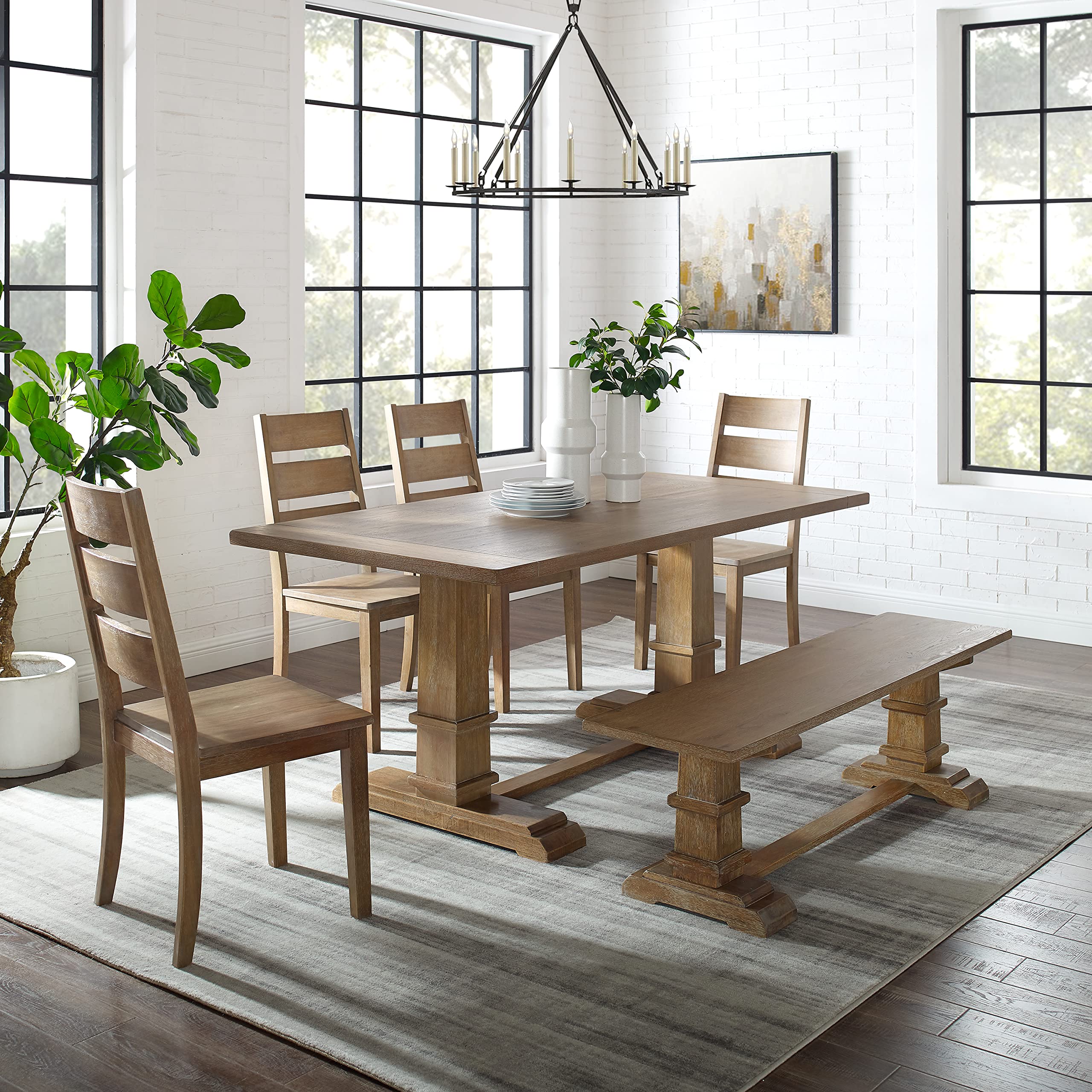 Crosley Furniture Joanna 6-Piece Modern Farmhouse Dining Table Set for 7 with 4 Ladderback Chairs and a Bench, Rustic Brown - Perfect for Family Dinners, Entertaining Guests & Farmhouse-Style Dining Rooms