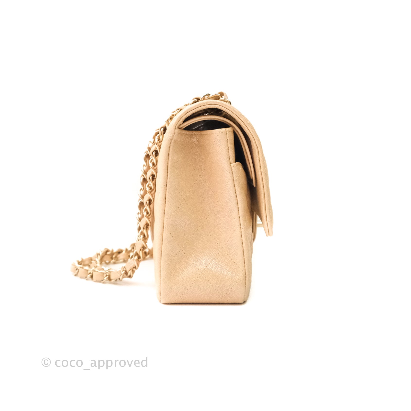 Chanel Classic Medium Double Flap Bag - Iridescent Beige Caviar Leather with Gold Hardware | Luxury Shoulder Bag for Women, Perfect for Parties & Special Occasions