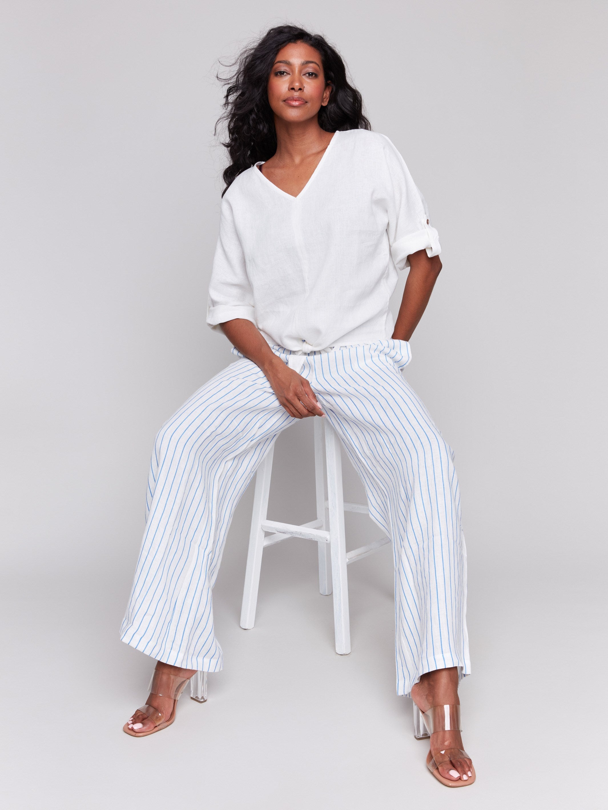 Breathable Linen Blend 3/4 Sleeve Women's T-Shirt with Front Tie - White | Casual Summer Top for Beach, Office & Everyday Wear
