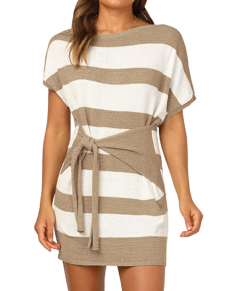 Imily Bela Women's Summer Casual Dress - Striped Color Block T-Shirt Dress with Knit Tie Waist & Batwing Sleeves | Perfect for Beach Outings, Brunch Dates and Summer Vacations
