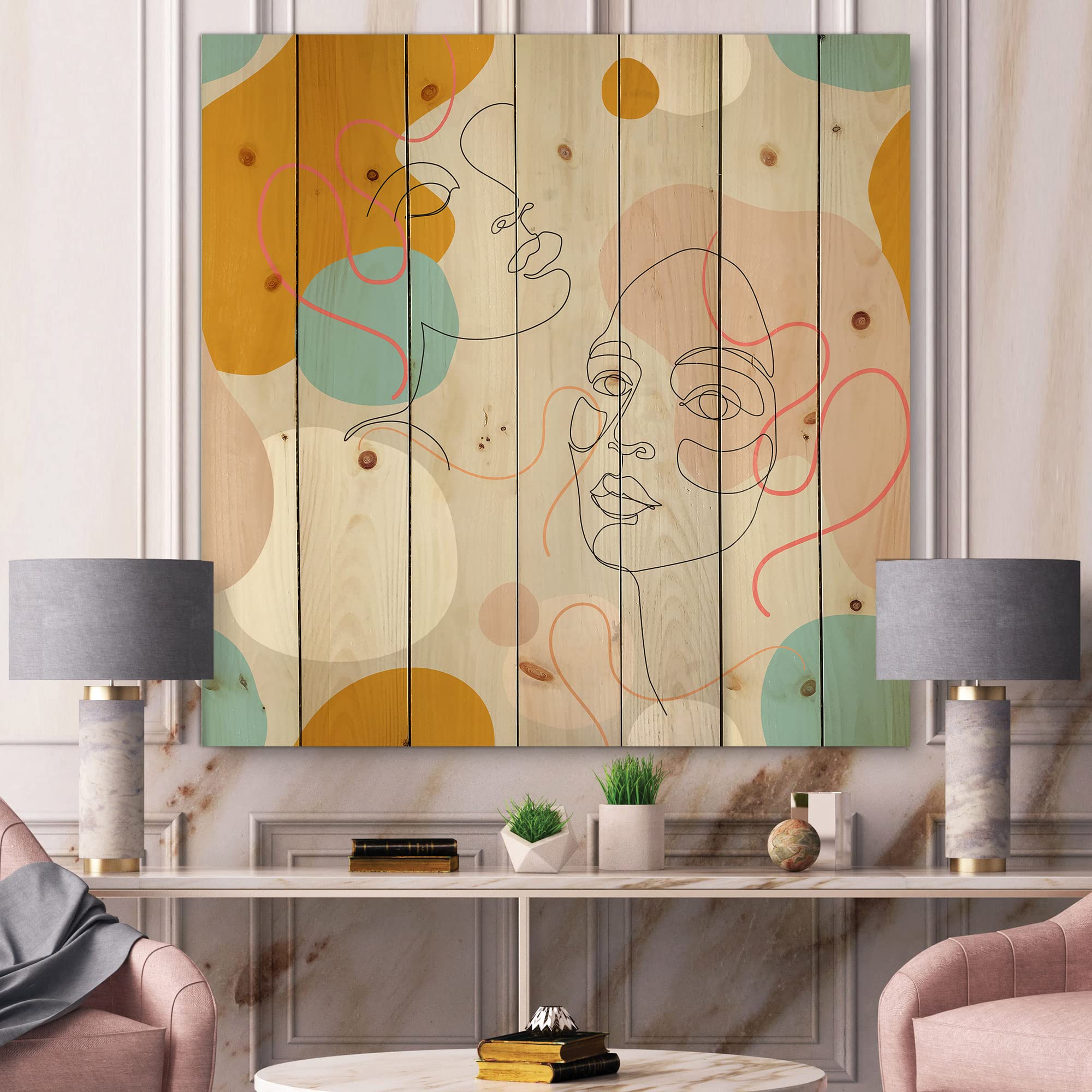 Minimalist One Line Female Face Portrait Wood Wall Art - Modern Abstract Grey Wood Panel Decor Printed on Natural Pine - Perfect for Living Room, Bedroom & Office Decor