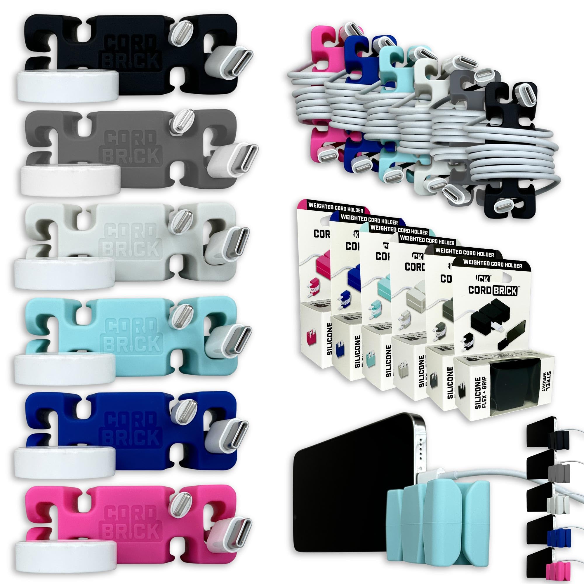 6-Pack Weighted Cord Holder for Nightstand - Phone Charger Cable Organizer for Travel & Home - Multipurpose Desk Accessory Gift for Adults (Home, Office, Car Use) - Perfect for Nightstand, Desk, Travel & Cable Management