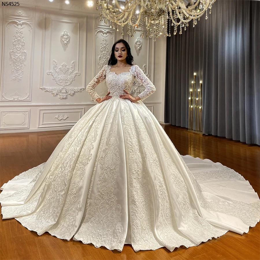 Elegant Long Sleeve Satin Ball Gown Wedding Dress - Luxury Bridal Gown for Formal Weddings, Prom & Special Occasions