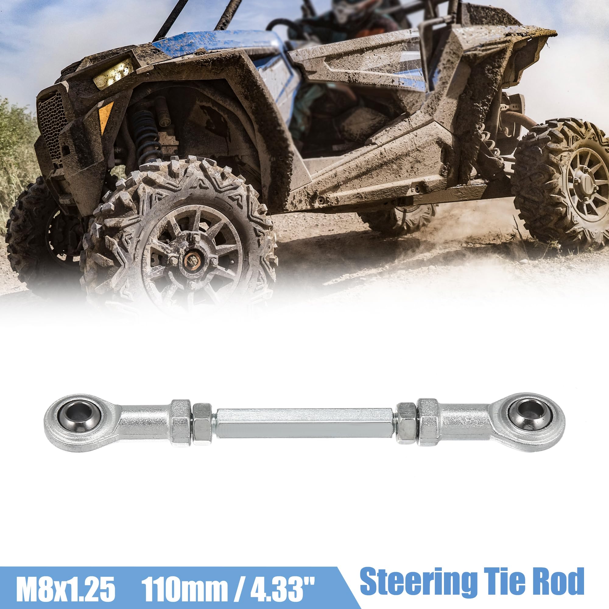 Motoforti 2-Piece 110mm Adjustable Steering Tie Rod Ball Joint with 8mm Hole Diameter - Compatible with 49cc Electric ATV & Go Kart - Silver Tone Steering Column & Suspension Upgrade for Off-Road Performance