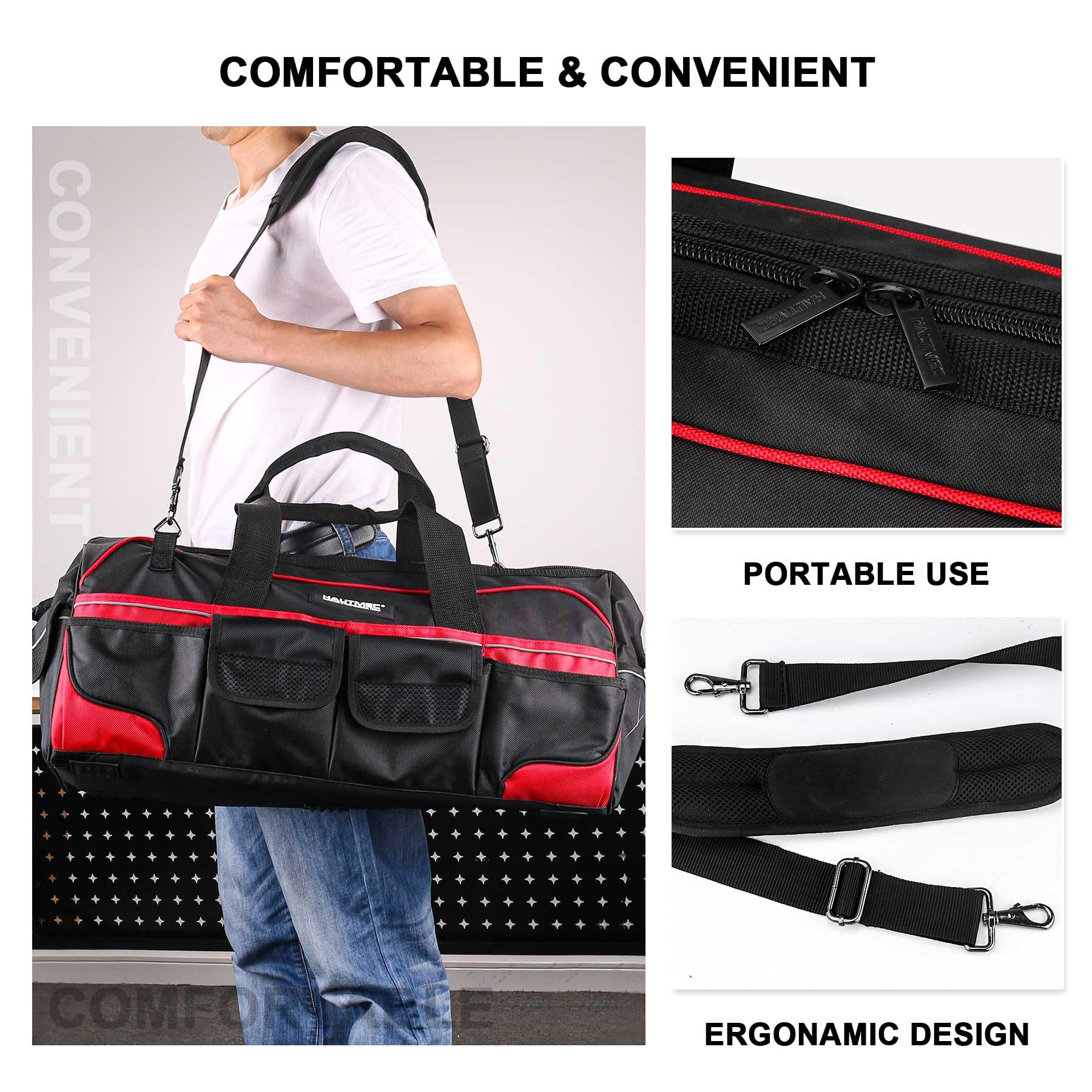 HAUTMEC 24 Inch Large Heavy Duty Tool Bag - 1680D Wide Mouth Tool Box Organizer with 36 Pockets, Level Holder & Removable Shoulder Strap - Portable Utility Bag for Men - Perfect for Construction, Plumbing, Electricians & DIY Projects (HT0284-TB)