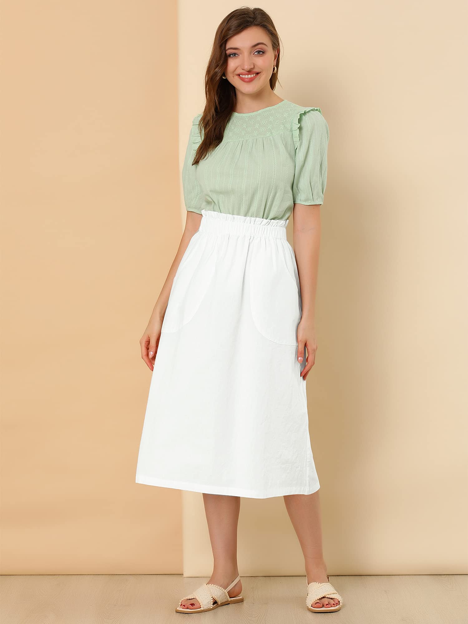 Allegra K Women's Casual Cotton Elastic Waist A-Line Midi Skirt with Pockets - Comfortable Summer Boho Peasant Skirt for Beach, Travel & Everyday Wear
