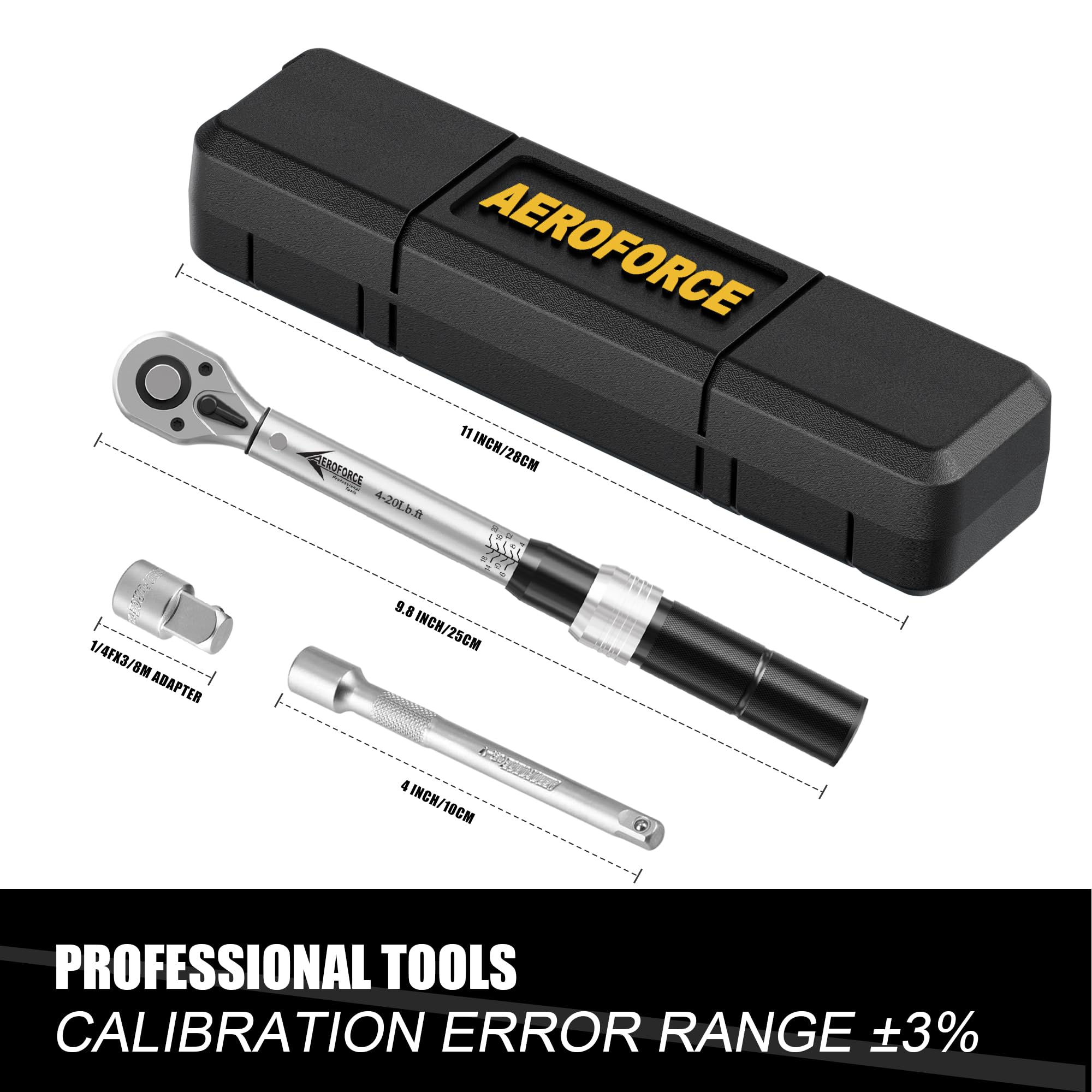 AEROFORCE 1/4-Inch Drive Click Torque Wrench Set (4-20 lb.ft / 5.4-27.2 Nm) with 4-Inch Extension Bar & 1/4