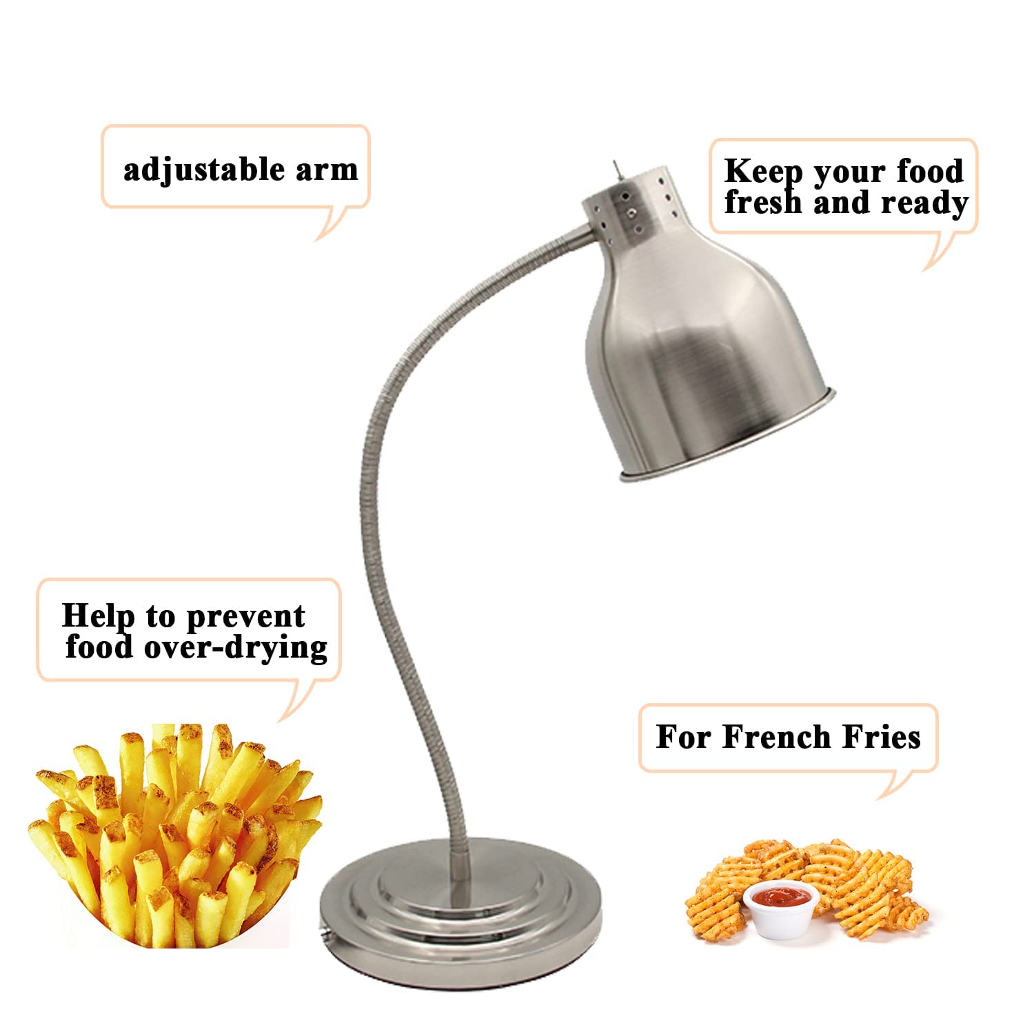Commercial Single Bulb Food Heat Lamp - Silver Restaurant Food Warmer Light with Adjustable Arm for Buffets, Catering & Kitchen Use - Portable Heating Lamp for Keeping Meals Warm