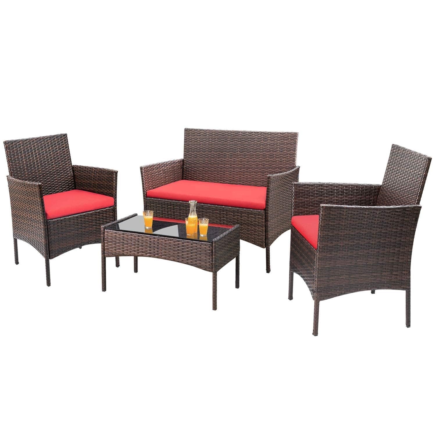 Homall 4-Piece Patio Rattan Chair Set - Wicker Outdoor Indoor Furniture for Backyard, Porch, Garden, Poolside & Balcony (Red) | Perfect for Relaxing, Entertaining & Outdoor Dining