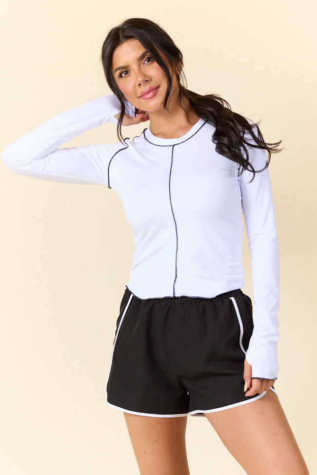 Over Under White Ruched Seamline Active Long Sleeve Workout Top for Women - Gym, Yoga & Running - Comfortable & Stylish Athletic Shirt