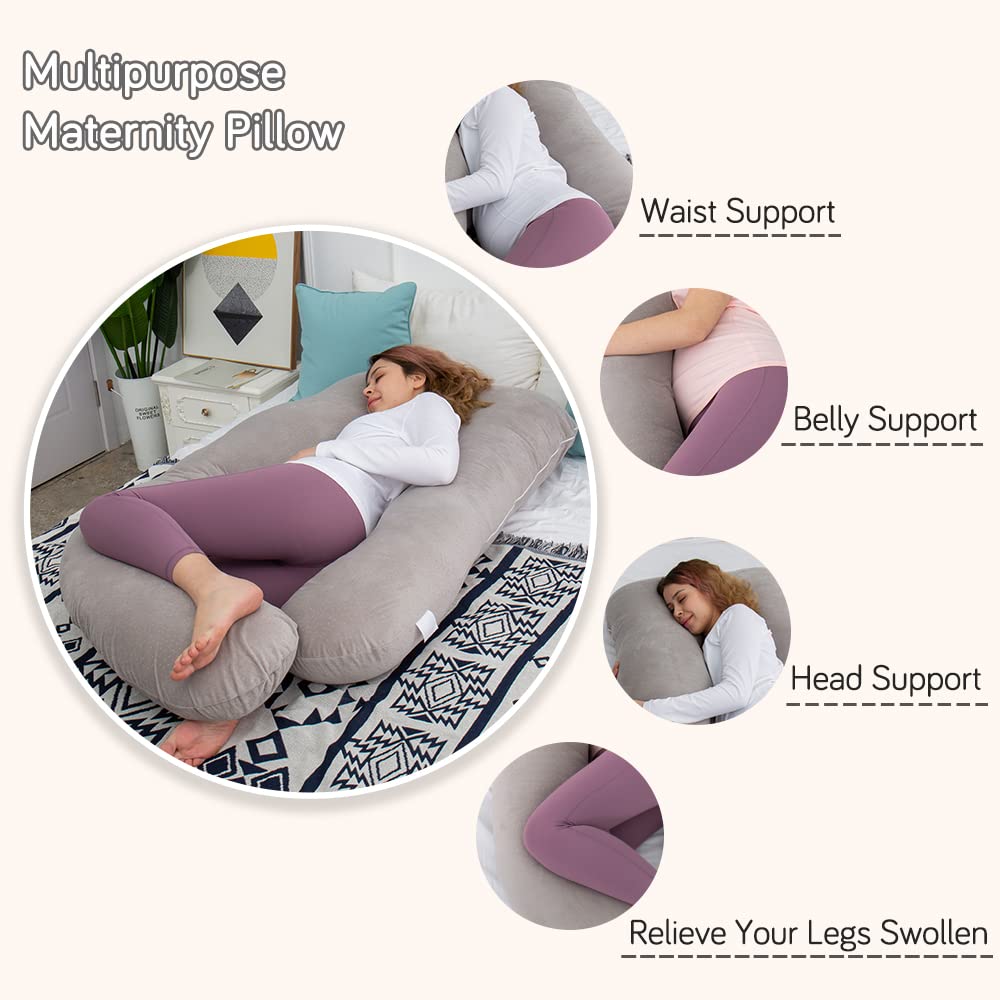 AMCATON 60 Inch Extra Large U-Shaped Pregnancy Pillow for Sleeping - Maternity Body Pillow with Soft Velour Cover (Grey) - Perfect for Pregnant Women, Back Pain Relief & Comfortable Side Sleeping