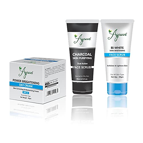 Aysun Power Brightening Day Cream & Charcoal Face Scrub + BI-White Face Scrub 3-Piece Skincare Combo Set for Glowing Skin - Morning & Night Routine, Acne Treatment, Pore Cleansing