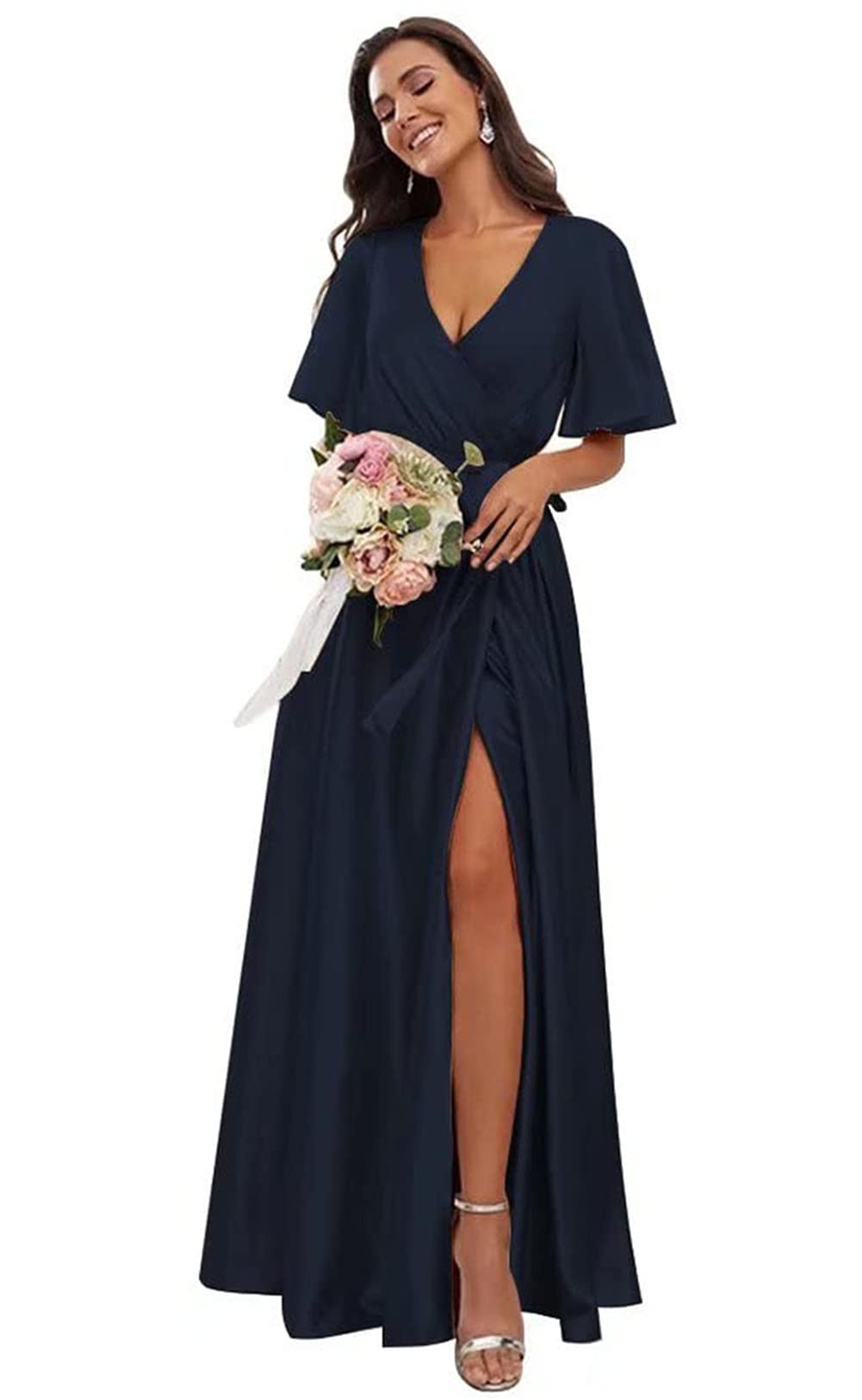 COEYOUES Women's Short Sleeve Bridesmaid Dress with High Slit - A-Line V-Neck Satin Formal Gown for Weddings, Parties & Special Occasions