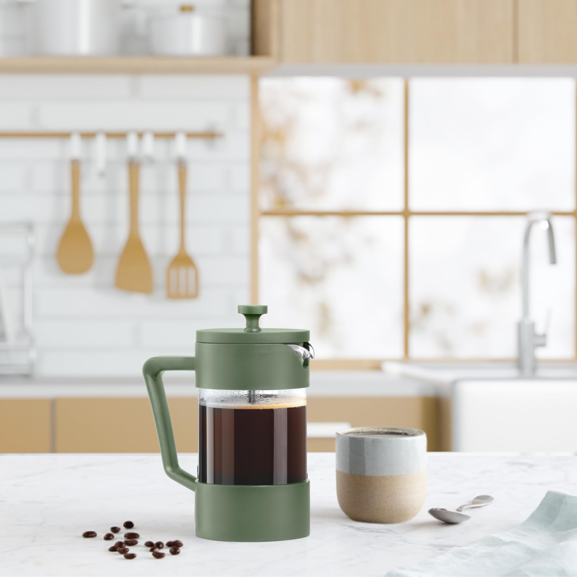 Premium Oggi Borosilicate Glass French Press Coffee Maker - 20oz (5 Cup) Capacity, Single Serve Coffee Press with Stainless Steel Lid & Plunger | Perfect for Home, Office & Camping | Great Coffee Gift Idea in Green