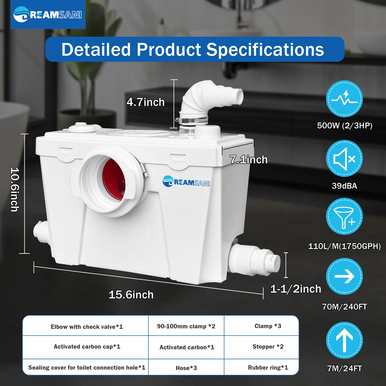 500W Macerator Pump for Basement with 4 Water Connections - Macerating Toilet, Kitchen Sink & Laundry Waste Disposal - Ideal for Small Bathrooms, RV & Off-Grid Living