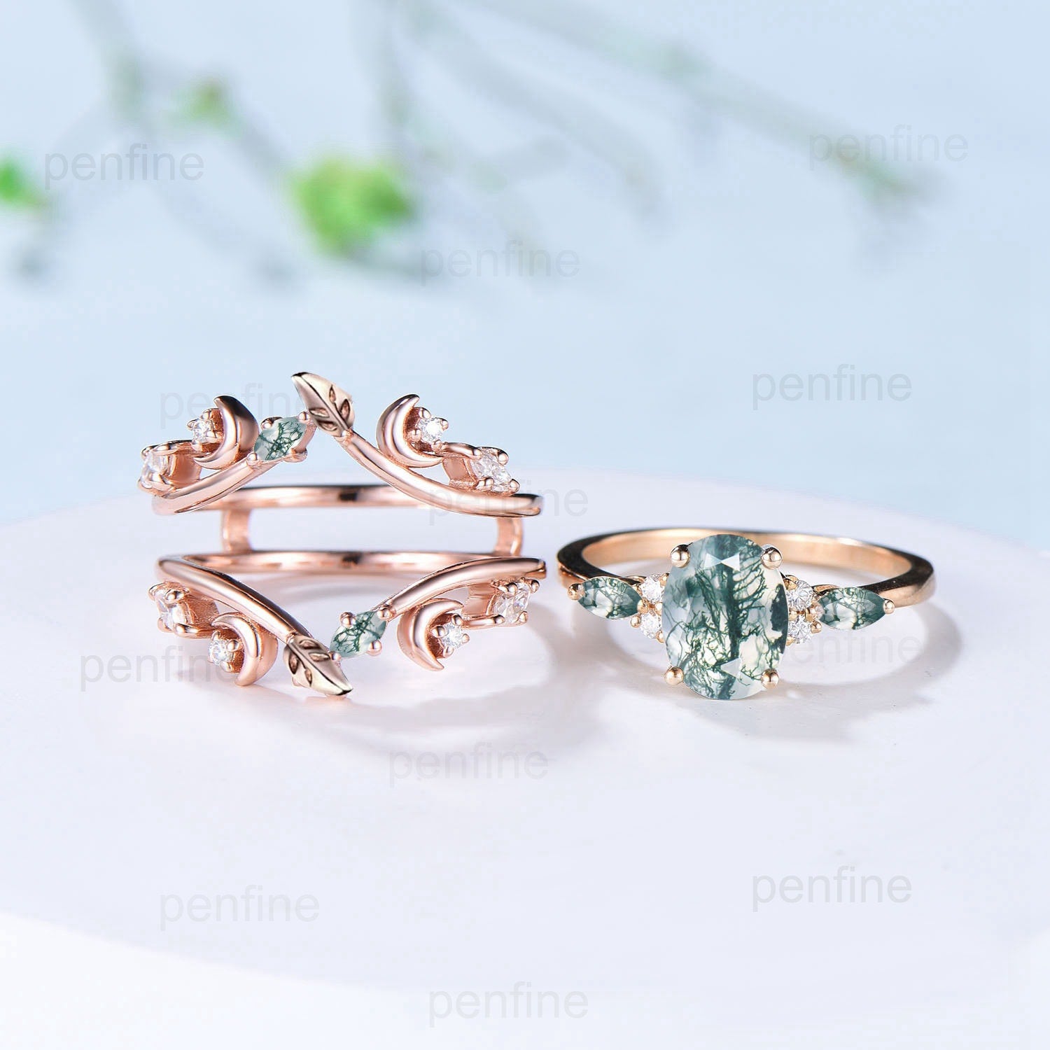 1.5CT Natural Oval Moss Agate Engagement Ring Set with Marquise Aquatic Agate Moon Wedding Ring - Nature Inspired Double Leaf Stacking Bridal Jewelry Set for Women - Perfect for Engagement, Wedding, Anniversary & Everyday Wear