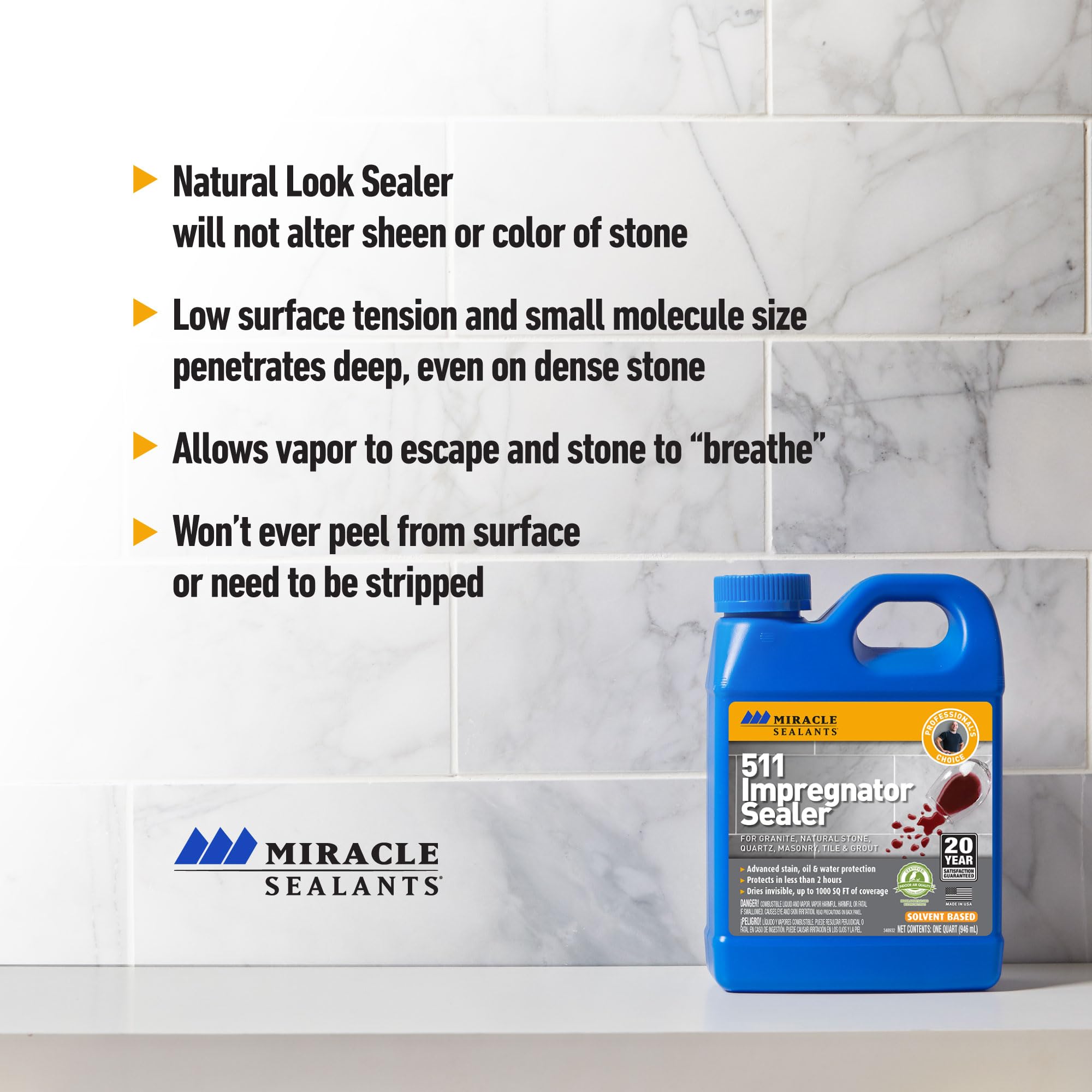Miracle Sealants 511 Impregnator Penetrating Sealer - 1 Gallon (4 Pack) | Waterproof Stone & Tile Sealer for Natural Stone, Concrete, Grout | Perfect for Countertops, Showers, Floors & Outdoor Pavers
