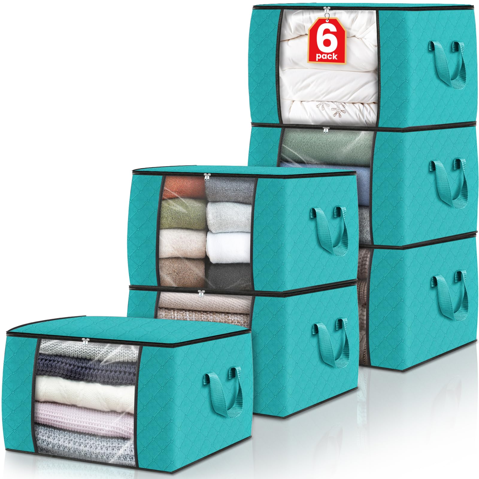 6-Pack Foldable Thick Fabric Storage Bags with Handles - Organize Clothes, Blankets, Comforters | Perfect for Bedroom, Closet & Home Organization (Green)