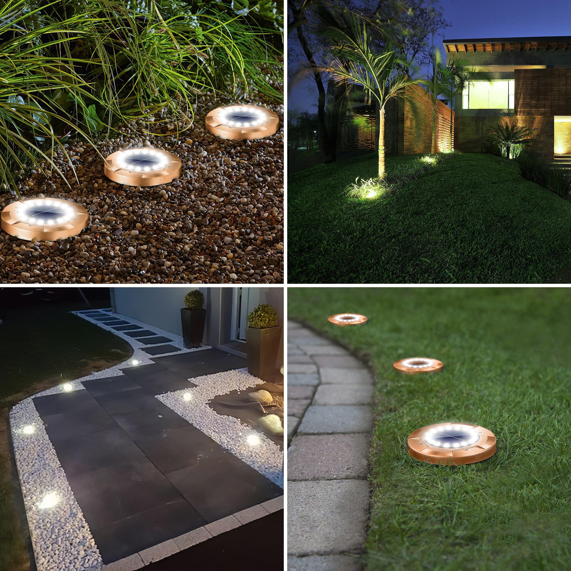 8 Pack Solar Ground Lights Outdoor - 16 LED Waterproof Bronze Landscape Lighting for Yard, Walkway, Garden, Driveway | Solar Powered Path Lights for Night Safety & Decoration (White)