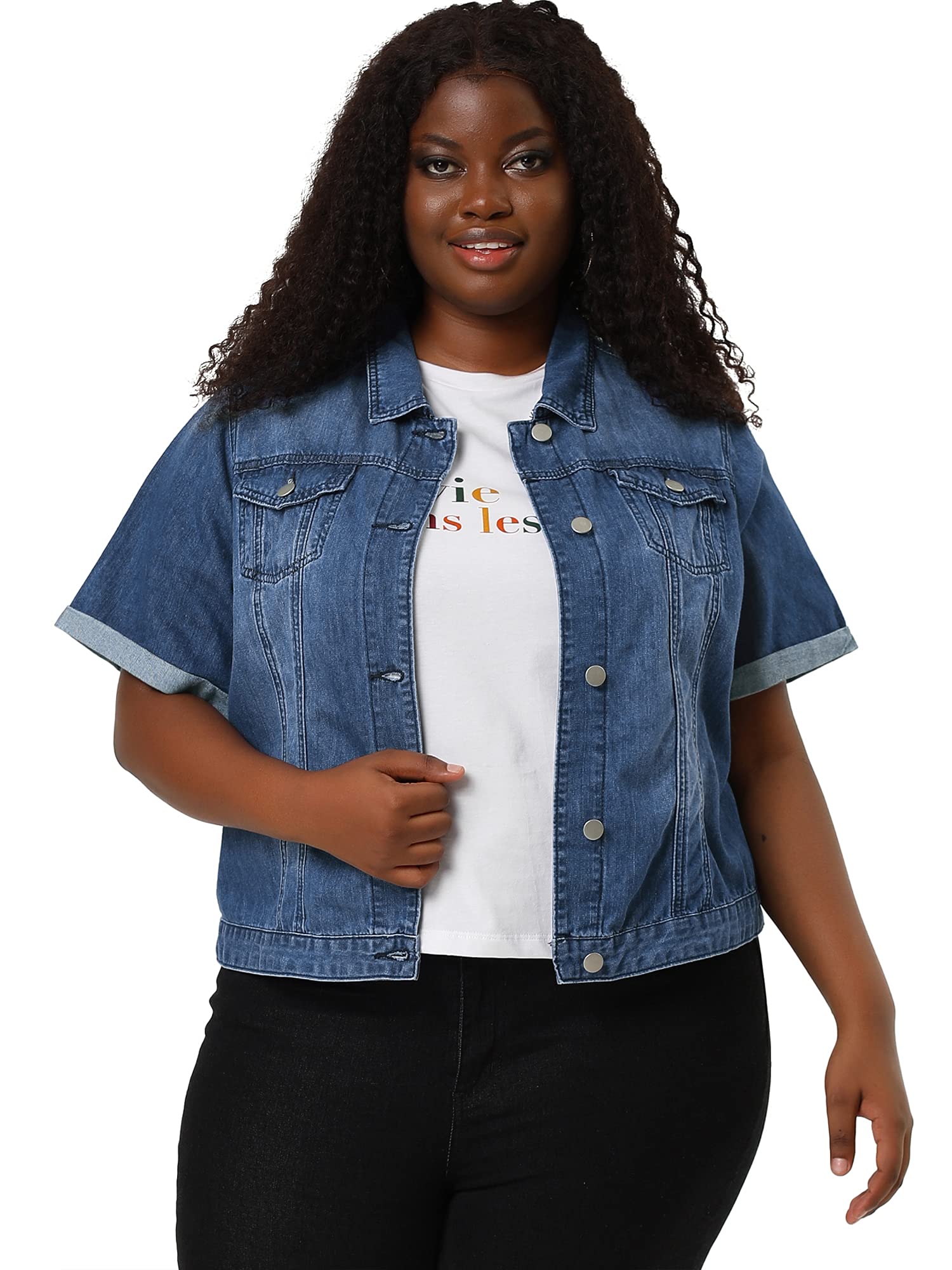 Agnes Orinda Women's Plus Size Denim Jacket - Button Front Work Crop Jean Jacket with Short Sleeves | Trendy 2025 Fashion | Perfect for Casual Outings, Work Wear & Spring Layering