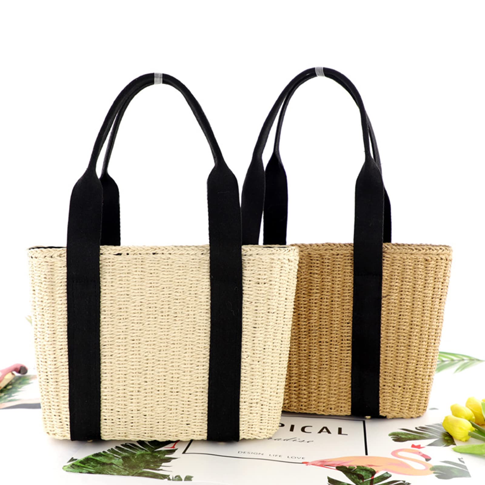 Straw Beach Bag for Women - Woven Handmade Shoulder Bag with Padded Canvas Straps, Large Vacation Travel Tote for Daily Use, Summer Outings & Shopping (Khaki)