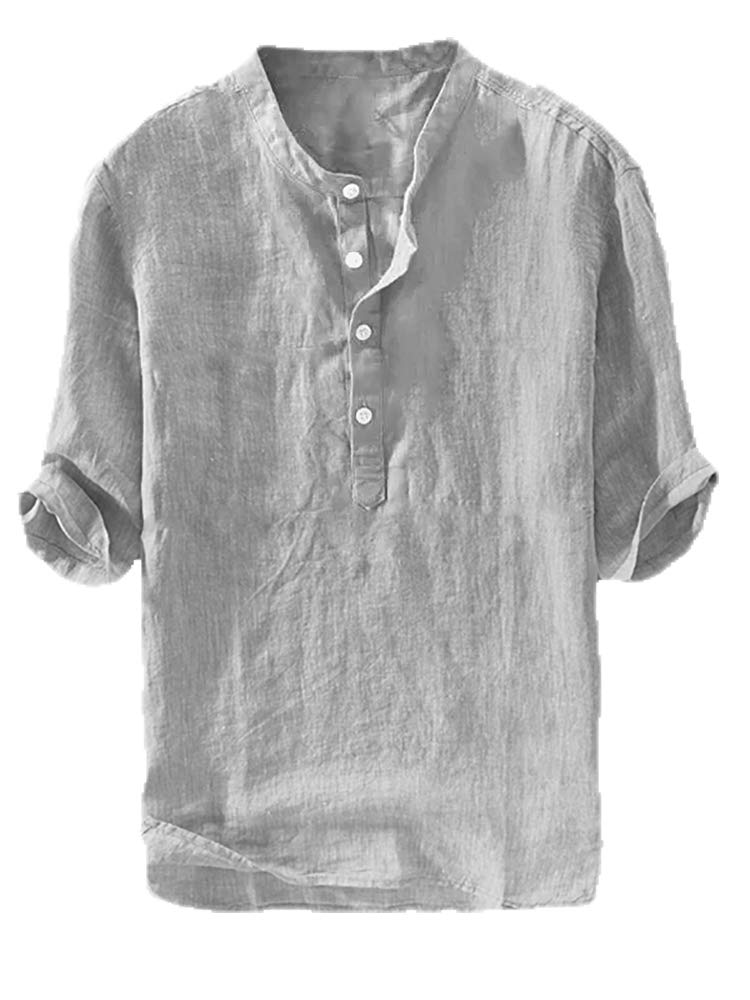 Ryannology Men's Linen Shirts - 3/4 Sleeve Henley Casual Cotton T-Shirt, Regular Fit Lightweight Beach & Yoga Tunic Top for Summer Outdoor Activities