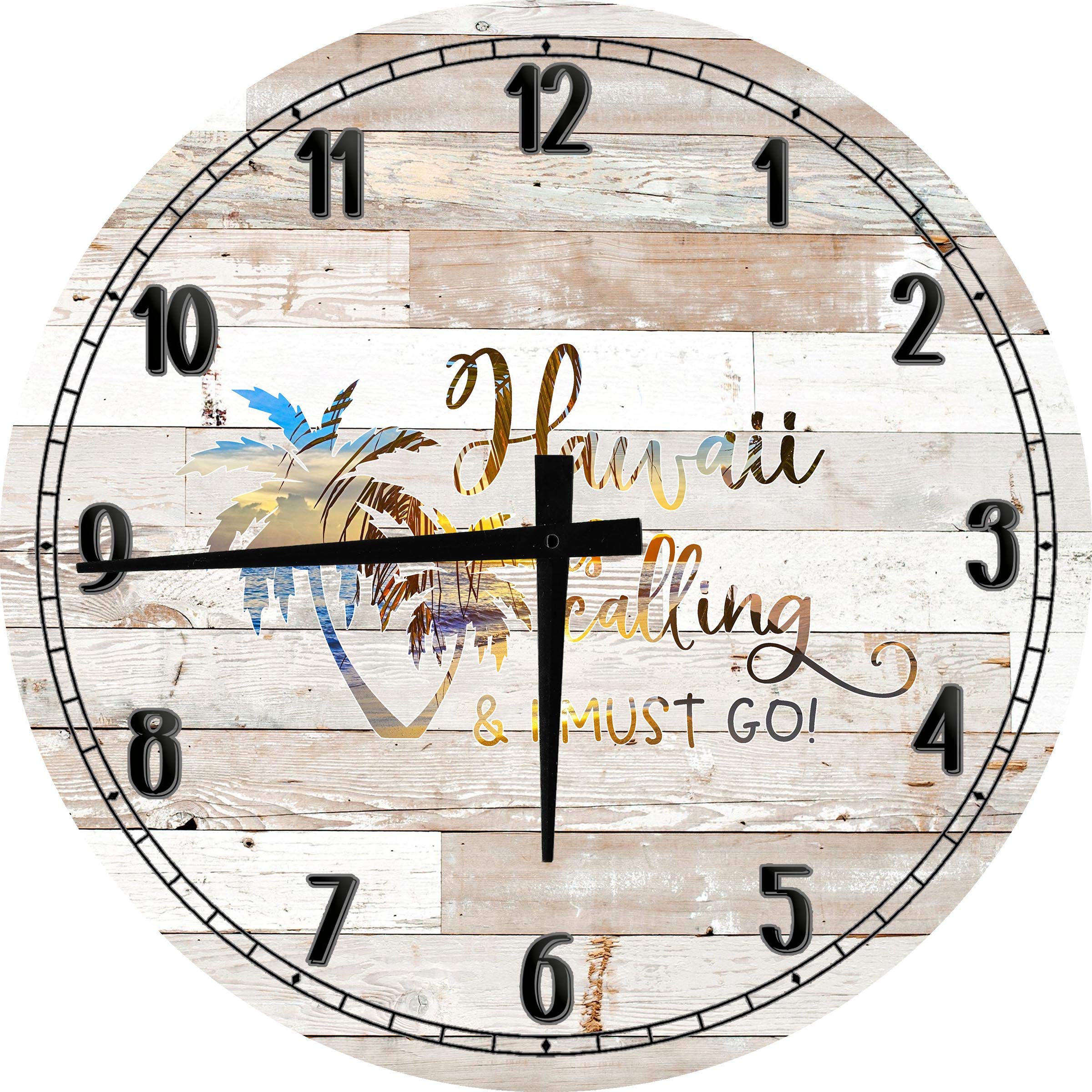 12 Inch White Round Wood Wall Clock - Tropical Hawaii Palm Trees Beach Decor for Living Room, Bedroom & Office | Large Wall Art Home Décor