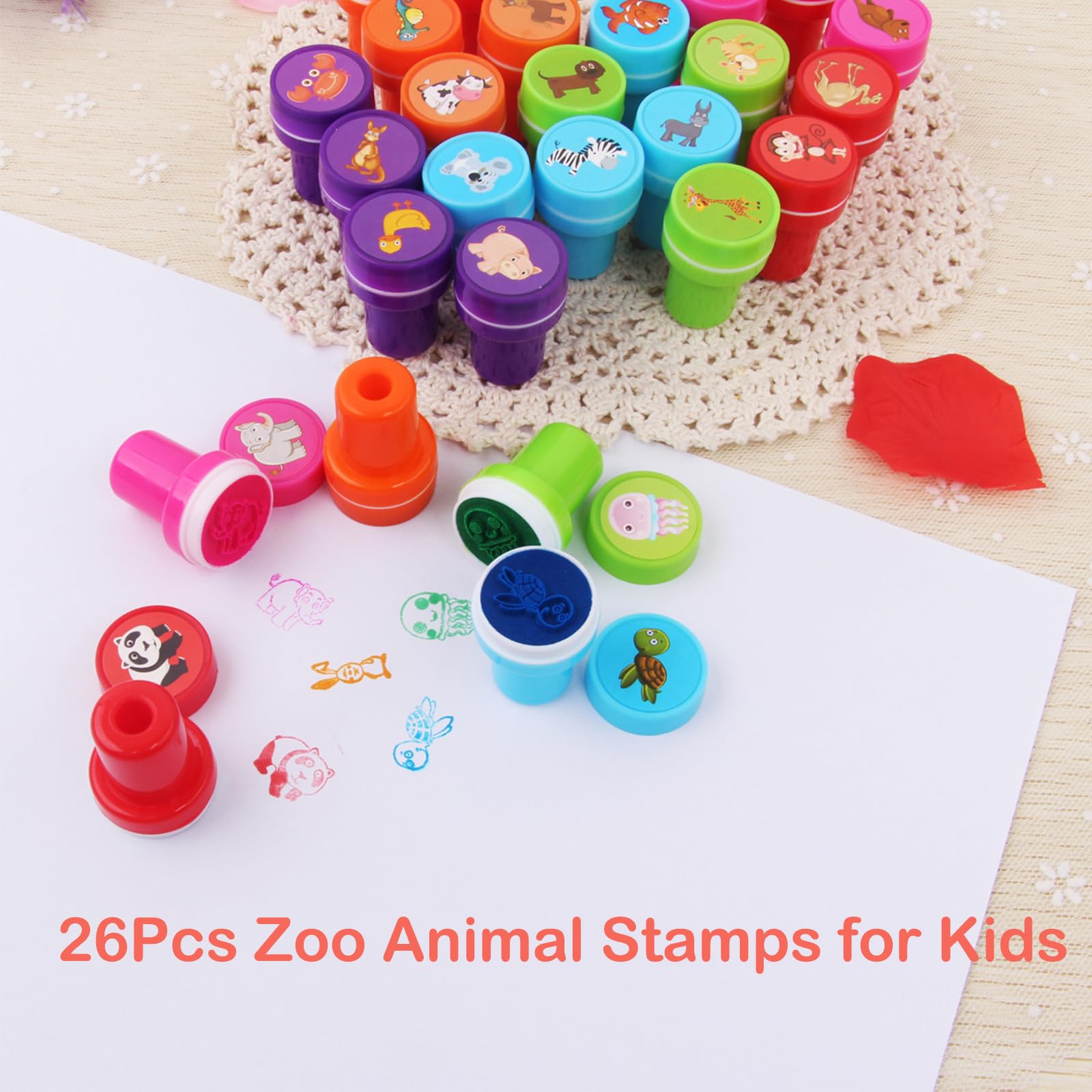 26Pcs Assorted Self-Inking Stamps for Kids - Ocean Life & Zoo Animal Stampers Set, Classroom Reward Prizes, Birthday Party Favors, Goody Bag Fillers (Perfect for Arts & Crafts, Scrapbooking, and Educational Activities)