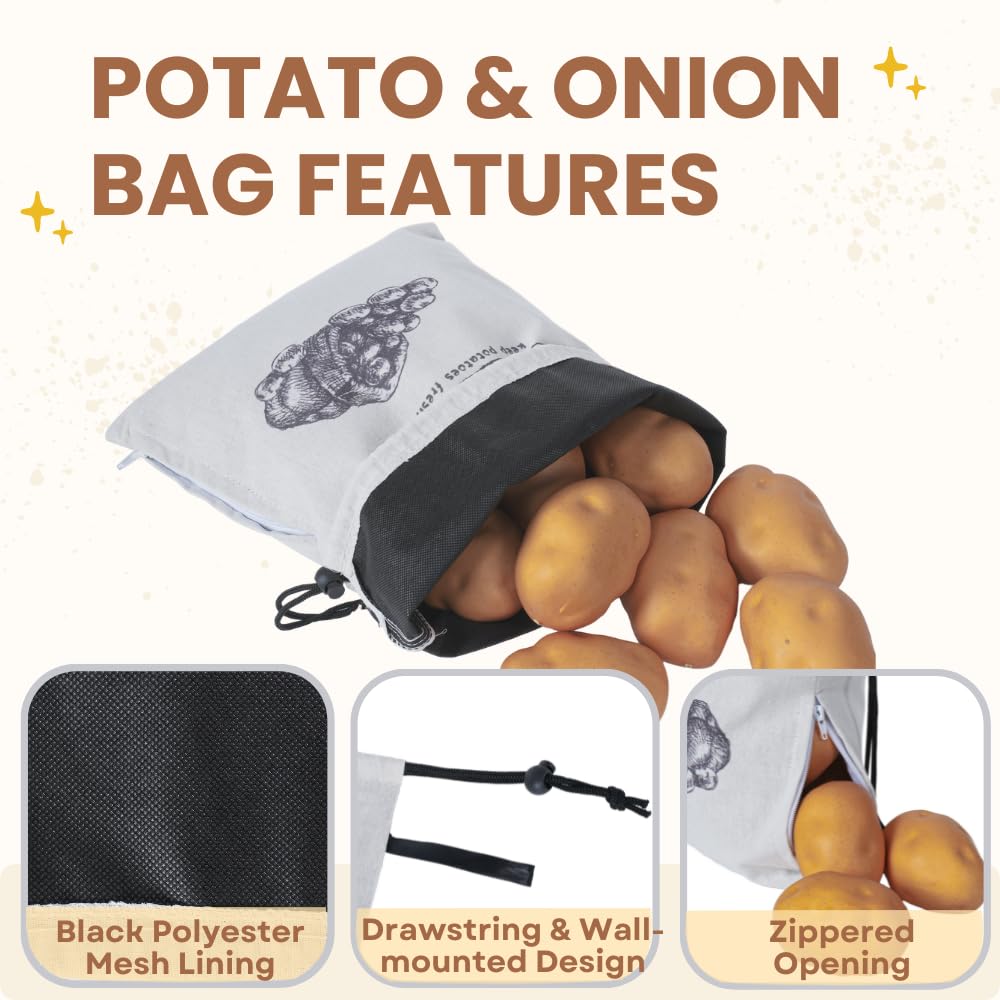Reusable Potato Onion Garlic Storage Bags with Drawstring Closure - 3 Pack for Pantry & Kitchen Organization | Fresh Vegetable Keepers for Home, Restaurant & Grocery Store Use