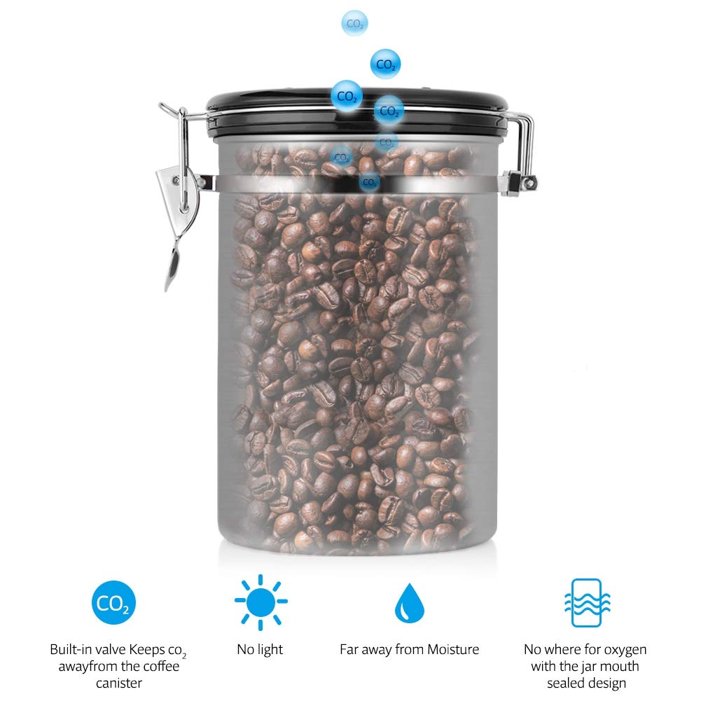 Vacuum Sealed Stainless Steel Coffee Canister - 1.8L Large Airtight Coffee Storage Container for Whole Beans & Ground Coffee - Keeps Fresh for Kitchen, Office & Camping Use (Silver)