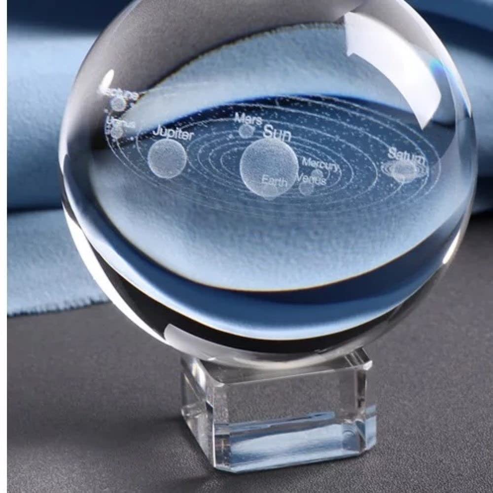 60mm Solar System Glass Globe - 3D Miniature Planets Model with Laser Engraved Details & Crystal Base - Perfect for Home Decor, Astronomy Gifts, Science Classroom Display and Office Desk Ornament