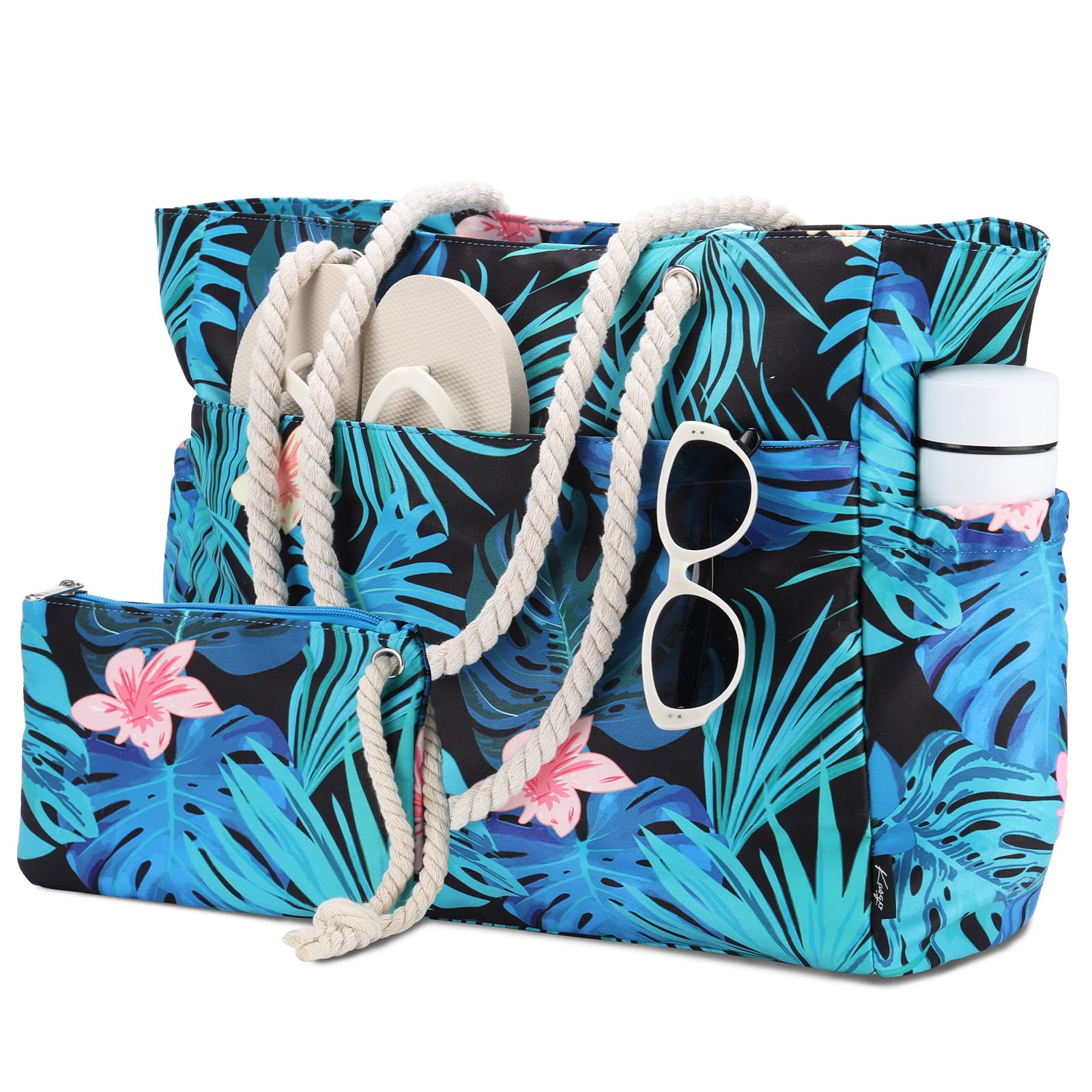 Kasqo Large Waterproof Beach Tote Bag for Women with Zipper & Small Pouch - Perfect for Swimming, Pool, Grocery Shopping, Travel & Vacation Essentials