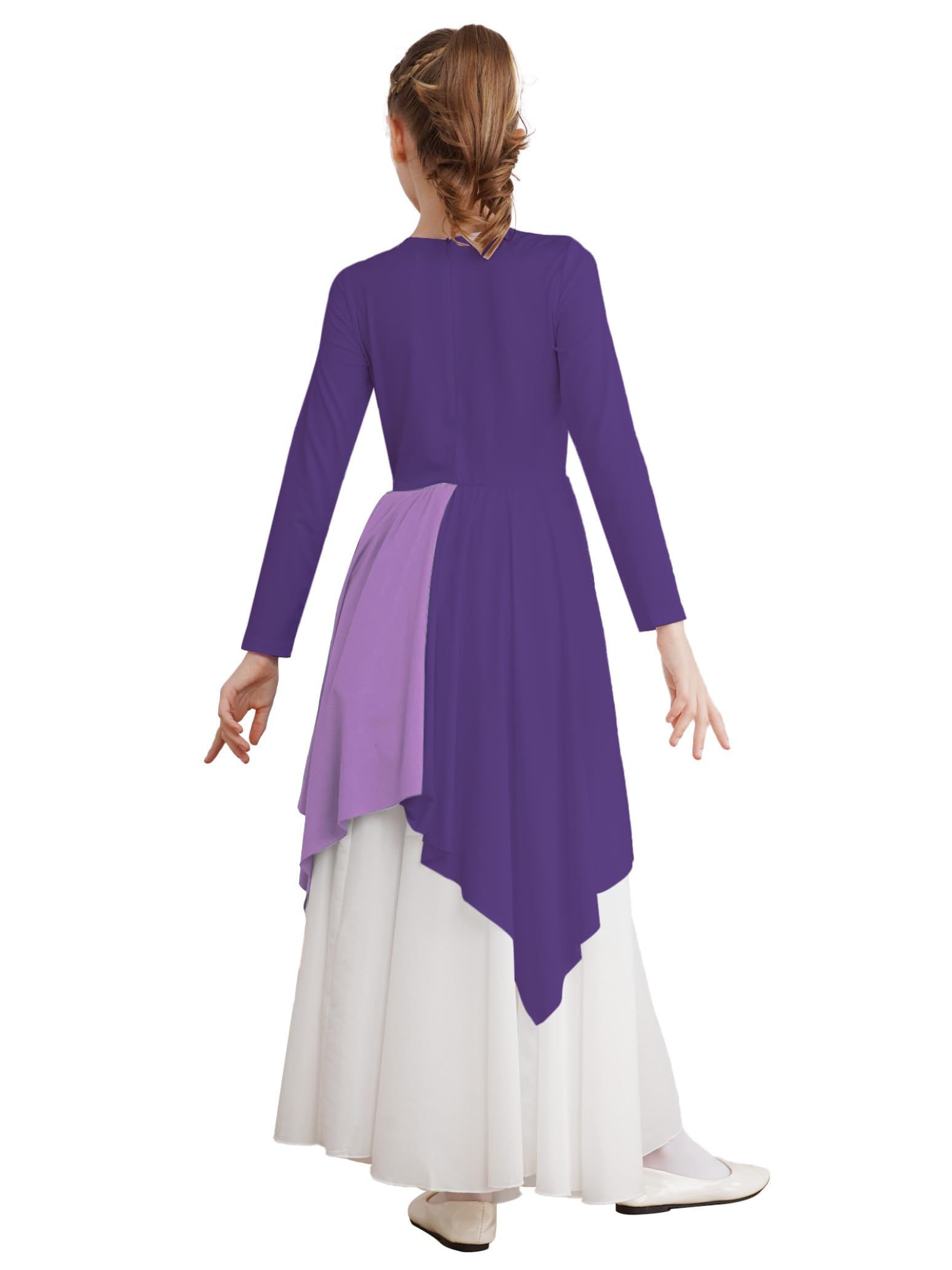 Girls Long Sleeve Metallic Praise Dance Dress - Liturgical Worship Costume with Asymmetrical Design for Church Performances & Religious Ceremonies