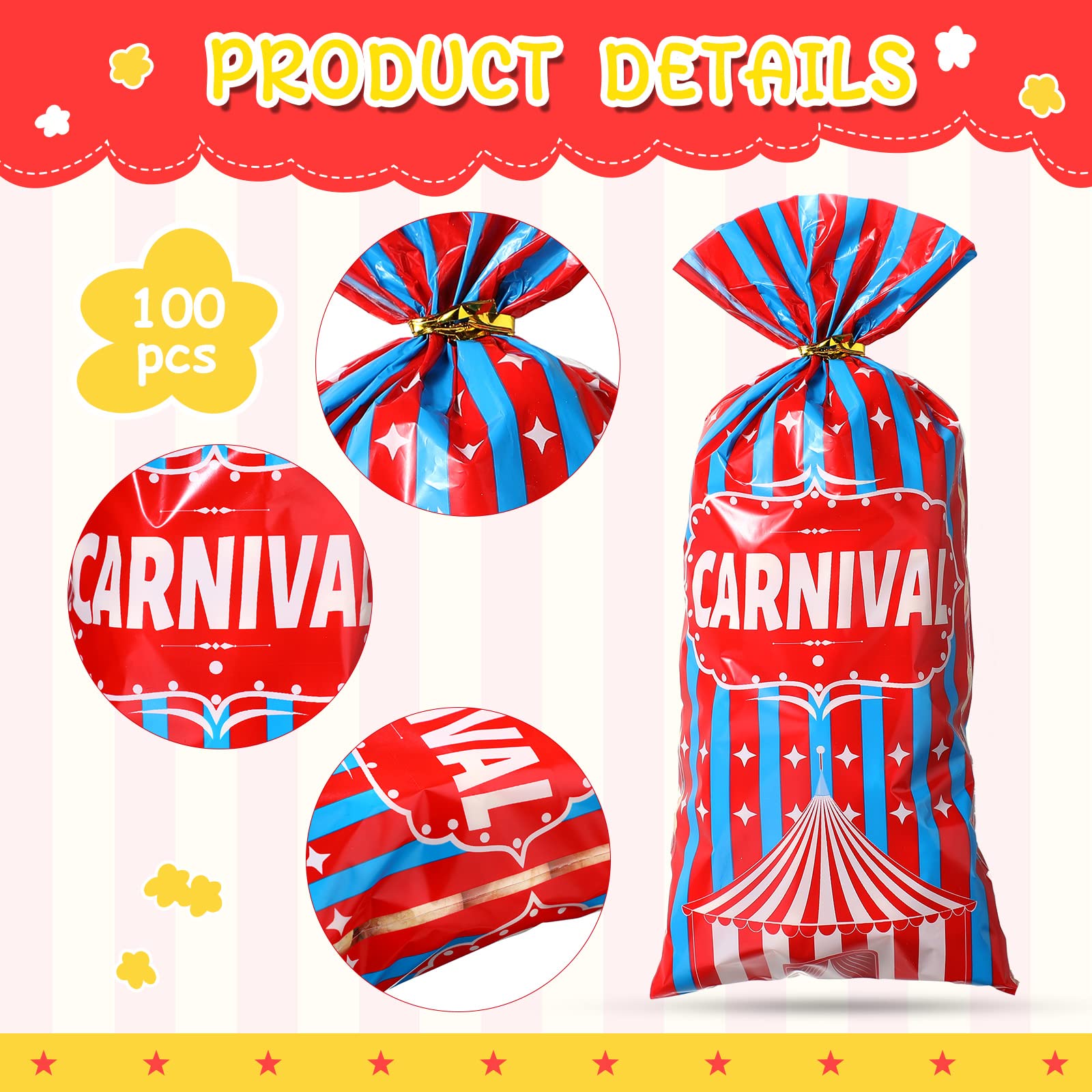 Epakh Carnival Candy Bags - 100 Pack Circus-Themed Plastic Party Favor Bags with Popcorn Print & Gold Twisted Ties for Halloween, Birthday Parties, Baby Showers & Wedding Favors - Treat Bags for Candy, Cookies, Cupcakes & Small Gifts
