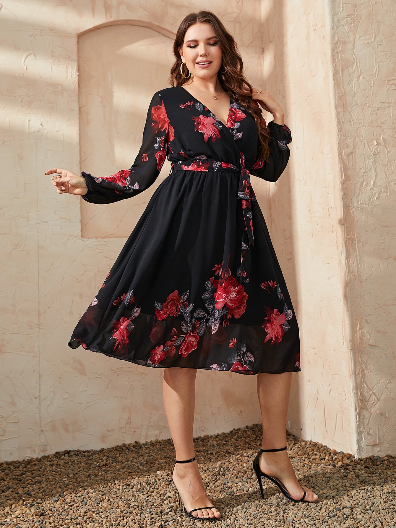 Plus Size Floral Print Surplice Neck Tie Waist Midi Dress for Women - Elegant Summer Wedding Guest & Church Occasion Outfit