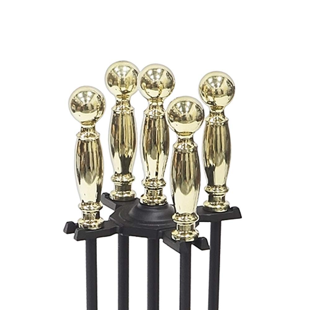 Premium Brass Fireplace Tool Set - 5-Piece Heavy Duty Poker, Brush, Shovel & Stand - Elegant & Durable Hearth Accessories for Wood Burning Stoves & Fire Pits (Perfect for Indoor & Outdoor Use)
