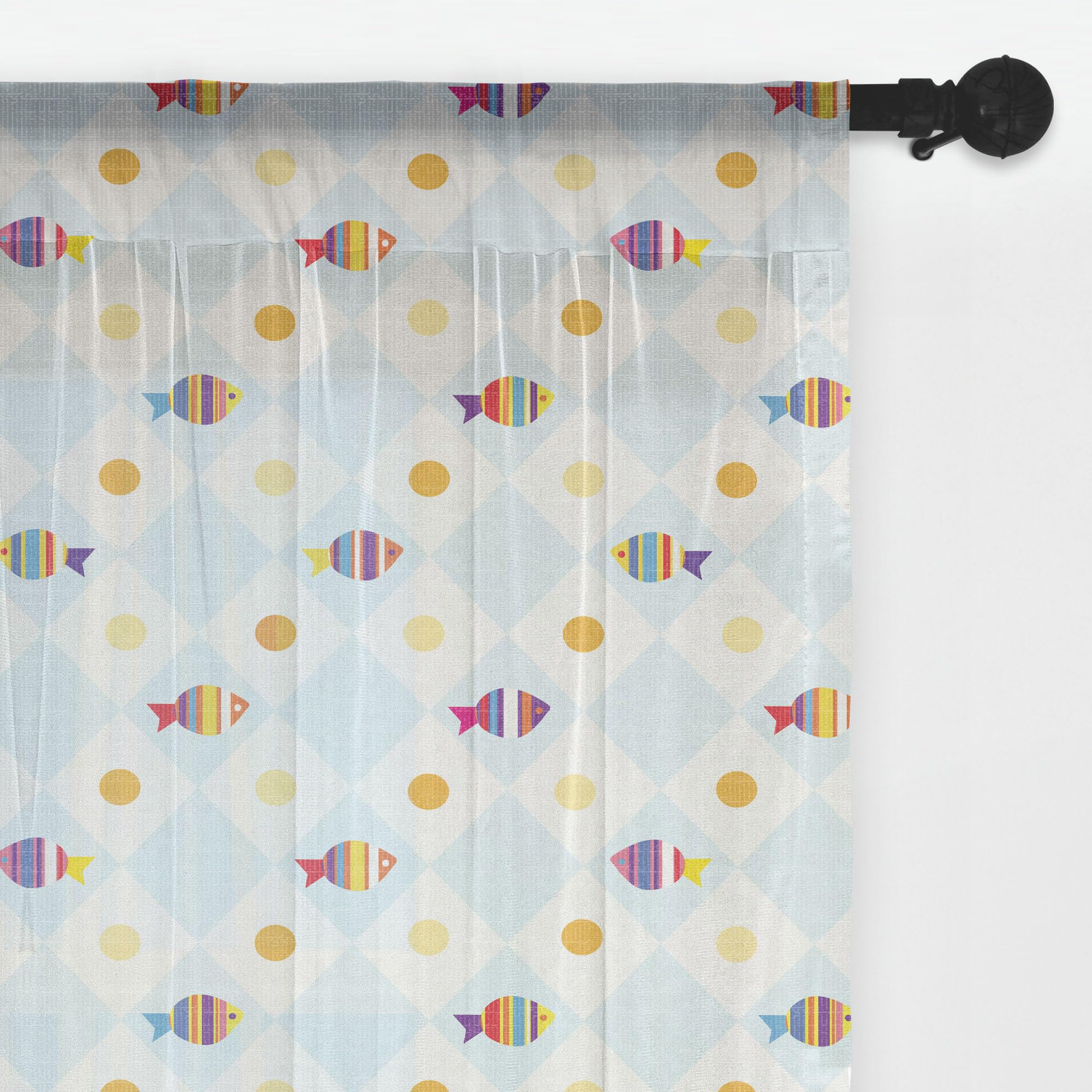 Ambesonne Fish Cartoon Tulle Curtains - Aquarium Themed Sheer Drapes with Geometric Print, Rod Pocket Design for Windows, 108