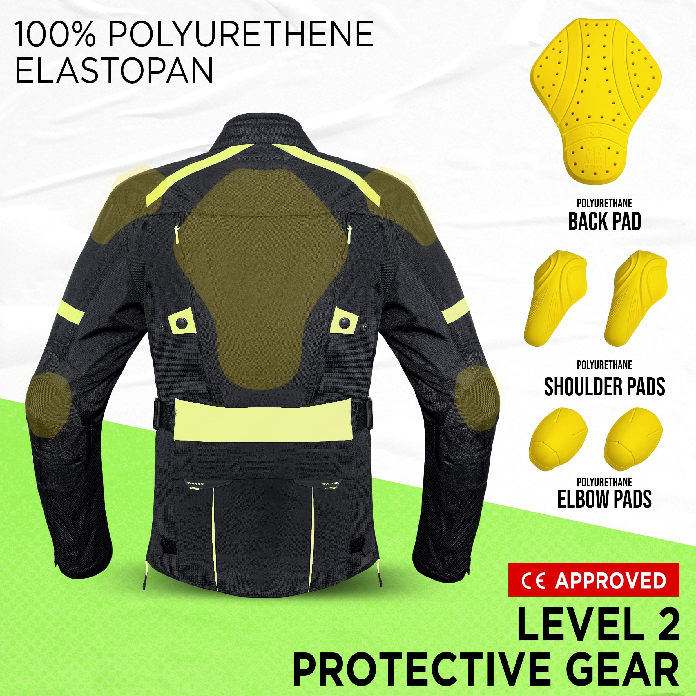 WICKED STOCK CE Level 2 Certified Waterproof Motorcycle Jacket for Men - Reflective Armored Biker Jacket with 8 Pockets & Adjustable Fit (Biceps, Forearms, Waist) - 4 Season Riding Gear for Commuting, Touring & Adventure Motorcycling