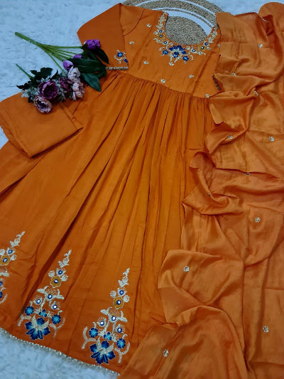 Sunflower Yellow Viscose Silk Embroidered Anarkali Suit Set for Women - Elegant Indian Party Wear & Wedding Guest Outfit - Perfect for Festivals, Diwali, and Special Occasions