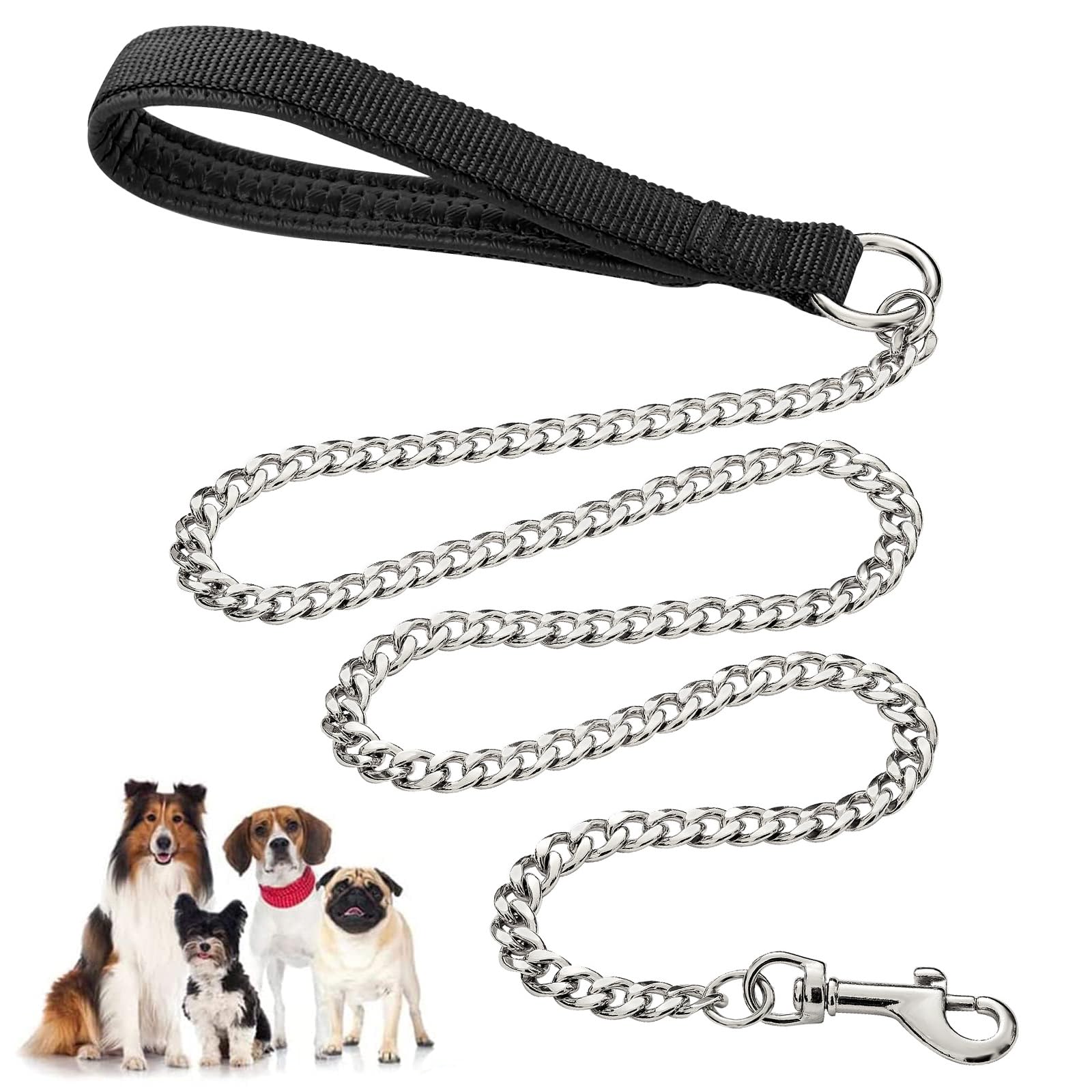 Heavy Duty Metal Dog Leash - 4FT Chew Proof Pet Leash Chain with Soft Padded Handle for Large & Medium Dogs (4FT x 3mm, 0-80 lbs) - Perfect for Walking, Training & Outdoor Adventures
