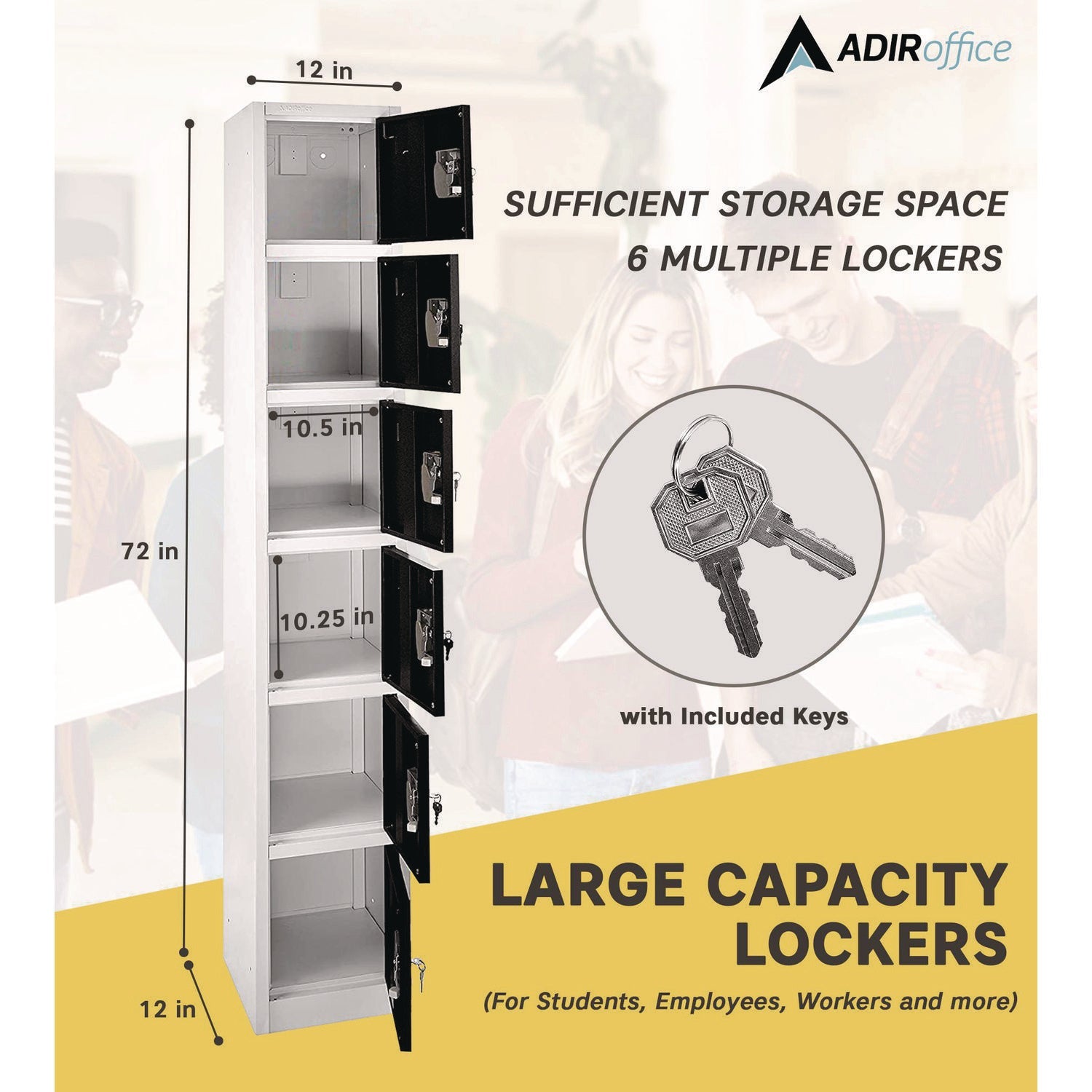 Steel Storage Locker with 6 Compartments - 12 x 12 x 72 Inches, Black - Heavy-Duty Metal Locker for Office, Gym, School & Warehouse Organization
