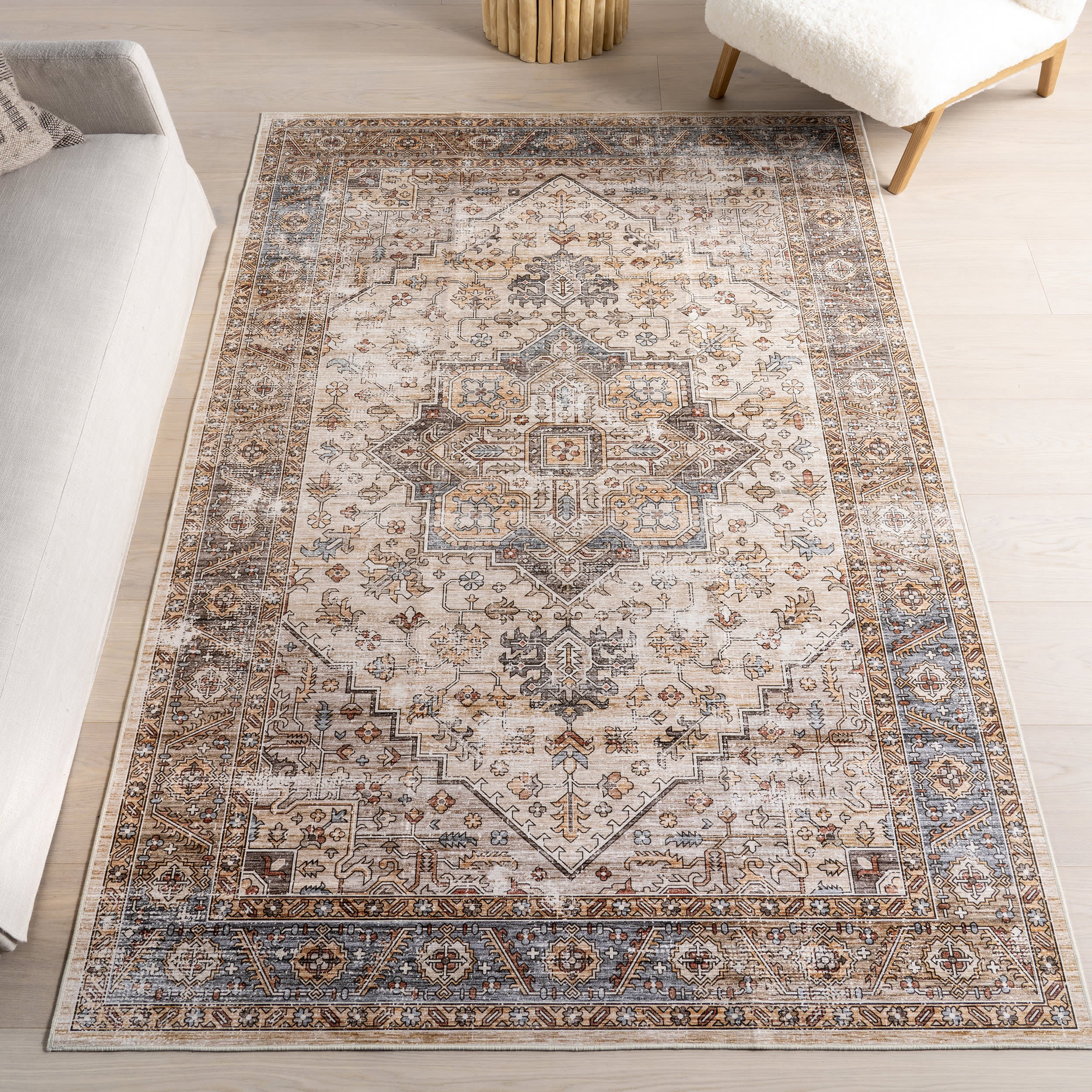Azaria Medallion Spill Proof Washable Rug - Ivory Non-Slip Area Rug for Living Room, Bedroom, Kitchen | Perfect for High Traffic Areas & Pet Friendly Homes