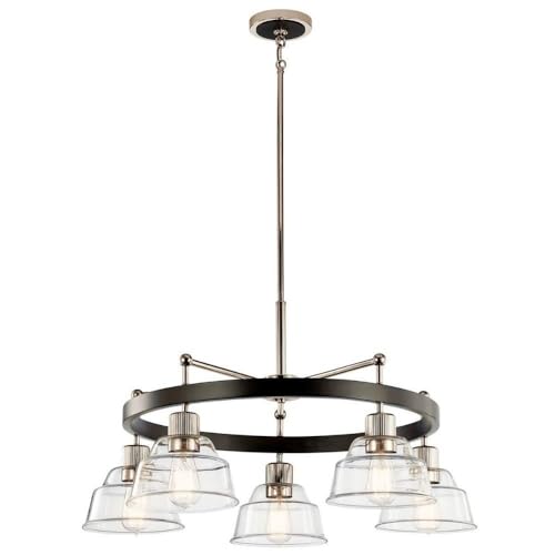 Kichler Eastmont 5-Light Chandelier - Polished Nickel & Walnut Wood with Clear Glass Shades | Elegant Dining Room Lighting for Home Decor