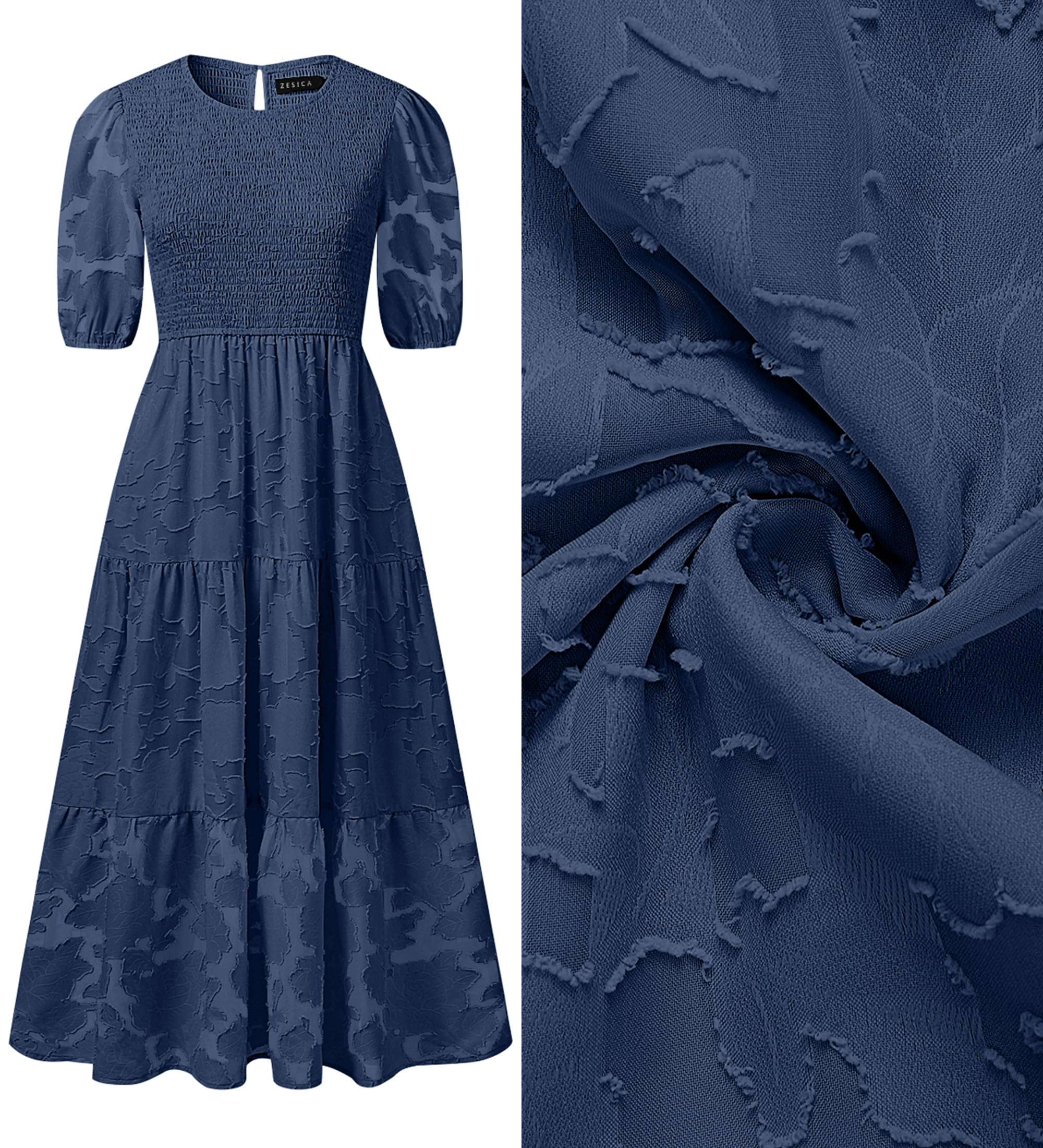 ZESICA Women's Summer 2025 Floral Lace Maxi Dress with Puff Sleeves & Smocked Waist - A-Line Tiered Flowy Dress for Beach, Wedding & Casual Wear