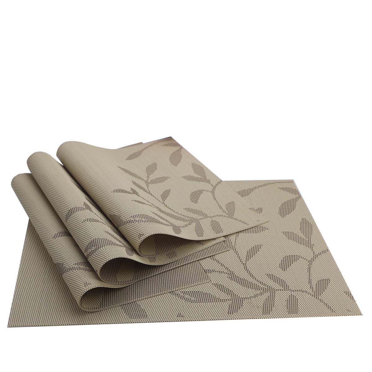 Gugrida PVC Place Mats Set of 6 - Washable Woven Vinyl Table Mats with Heat Insulation, 18 x 12 Inches (Gold Leaves Design) - Perfect for Dining Tables, Kitchen Countertops & Outdoor Picnics
