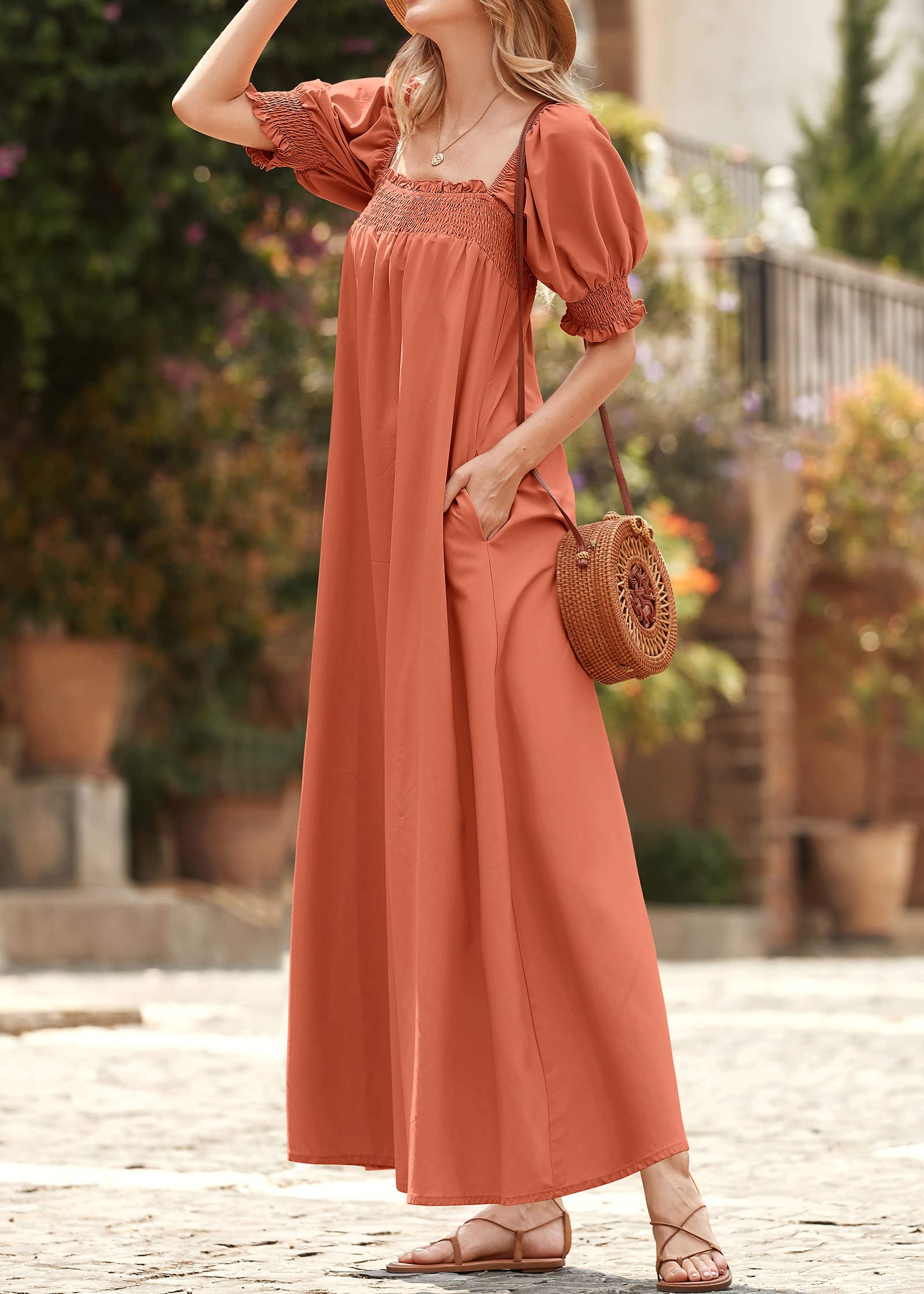 KIRUNDO Women's 2025 Summer Maxi Dress - Casual Loose Puff Sleeve Square Neck Maternity Beach Dress with Pockets | Flowy Long Dress for Pregnancy, Vacation & Outdoor Activities