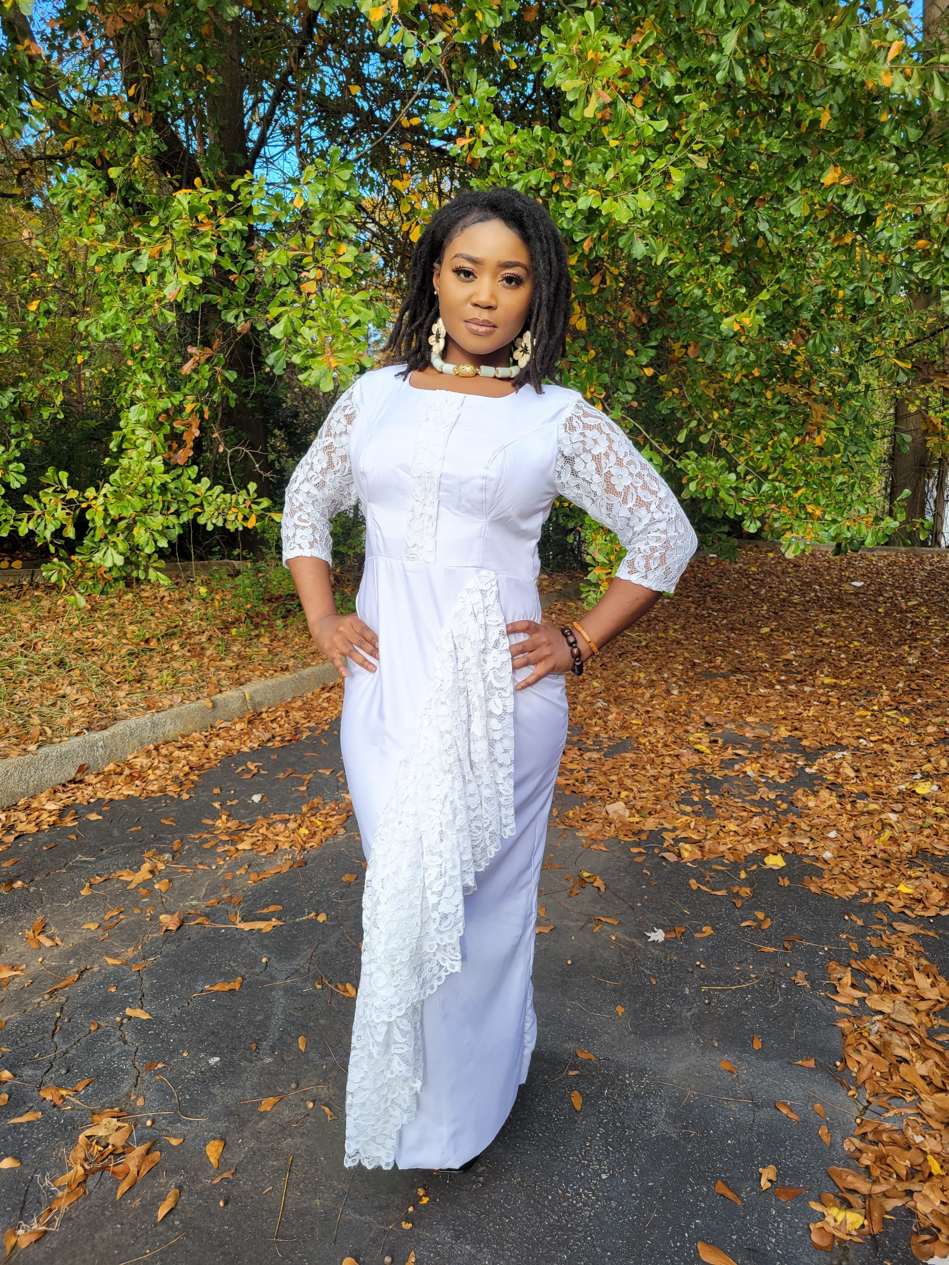 Ayabawa Elegant White African Dress with Lace Trim - Traditional Ankara Midi Dress for Women | Perfect for Weddings, Church, Parties & Cultural Events (Style DP7020)